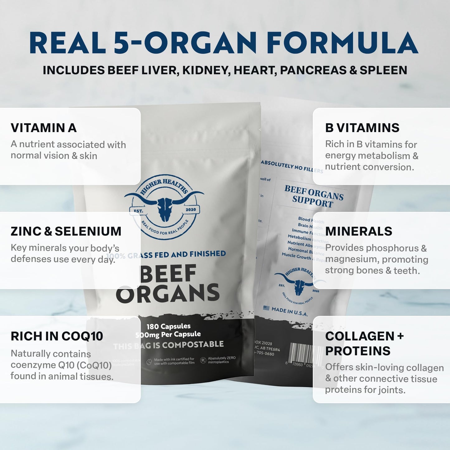 Higher Healths 100% Grass Fed Beef Organs Freeze-Dried Organ Blend 180 Capsules