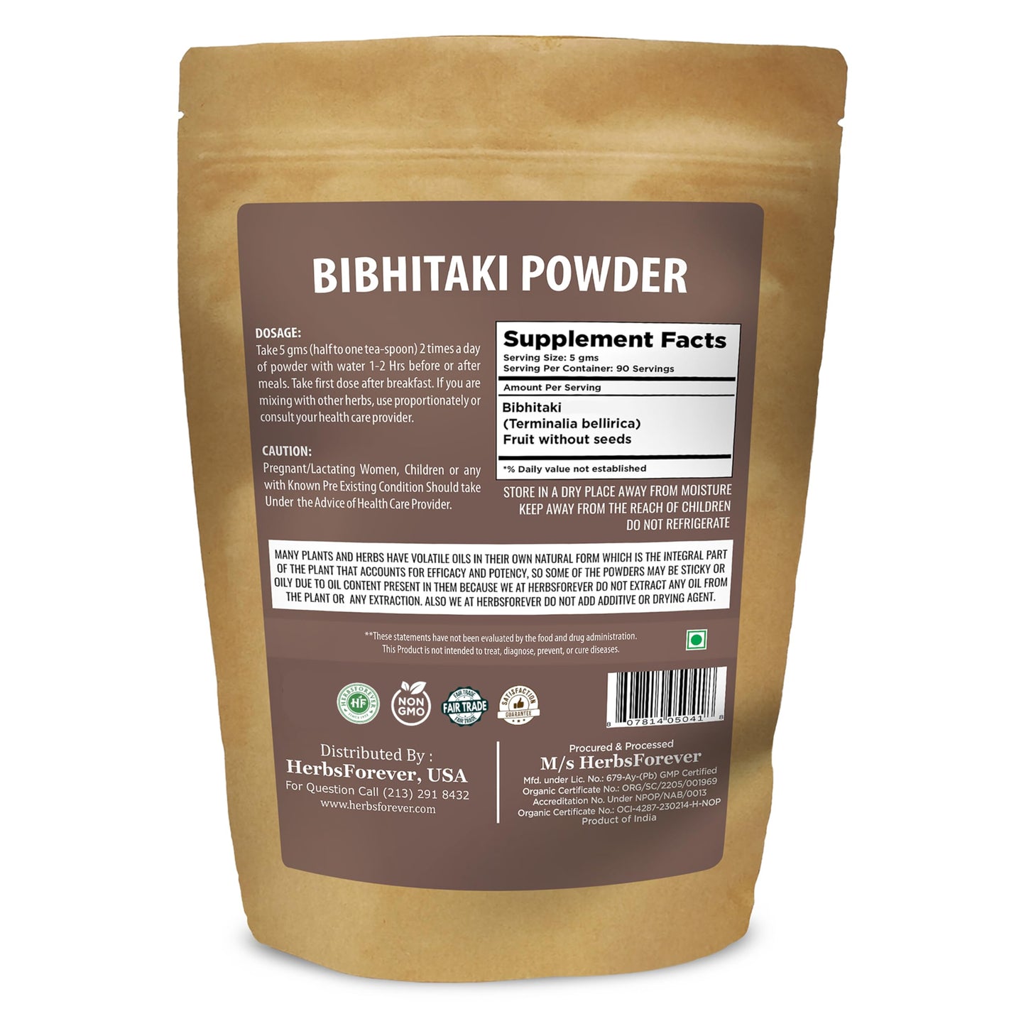 Herbsforever Bibhitaki (Terminalia bellirica) Fruit Powder Without Seed for Digestion & Kapha Detoxification, 16 Ounce