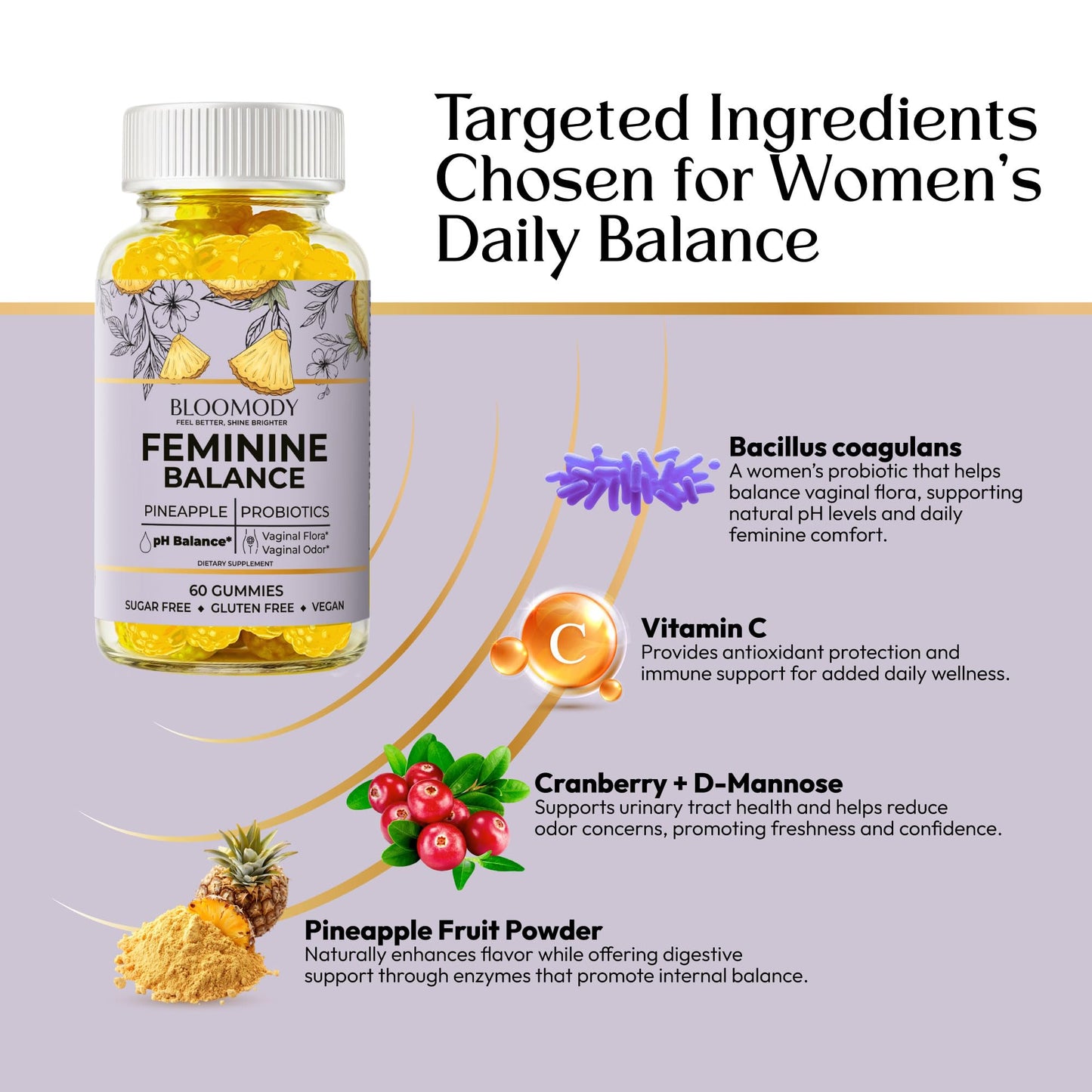 Bloomody Probiotic Feminine Balance Gummies for Women - pH Balance & Vaginal Health Support with Cranberry Vitamin C, Natural Pineapple Flavor, 60 Gummies