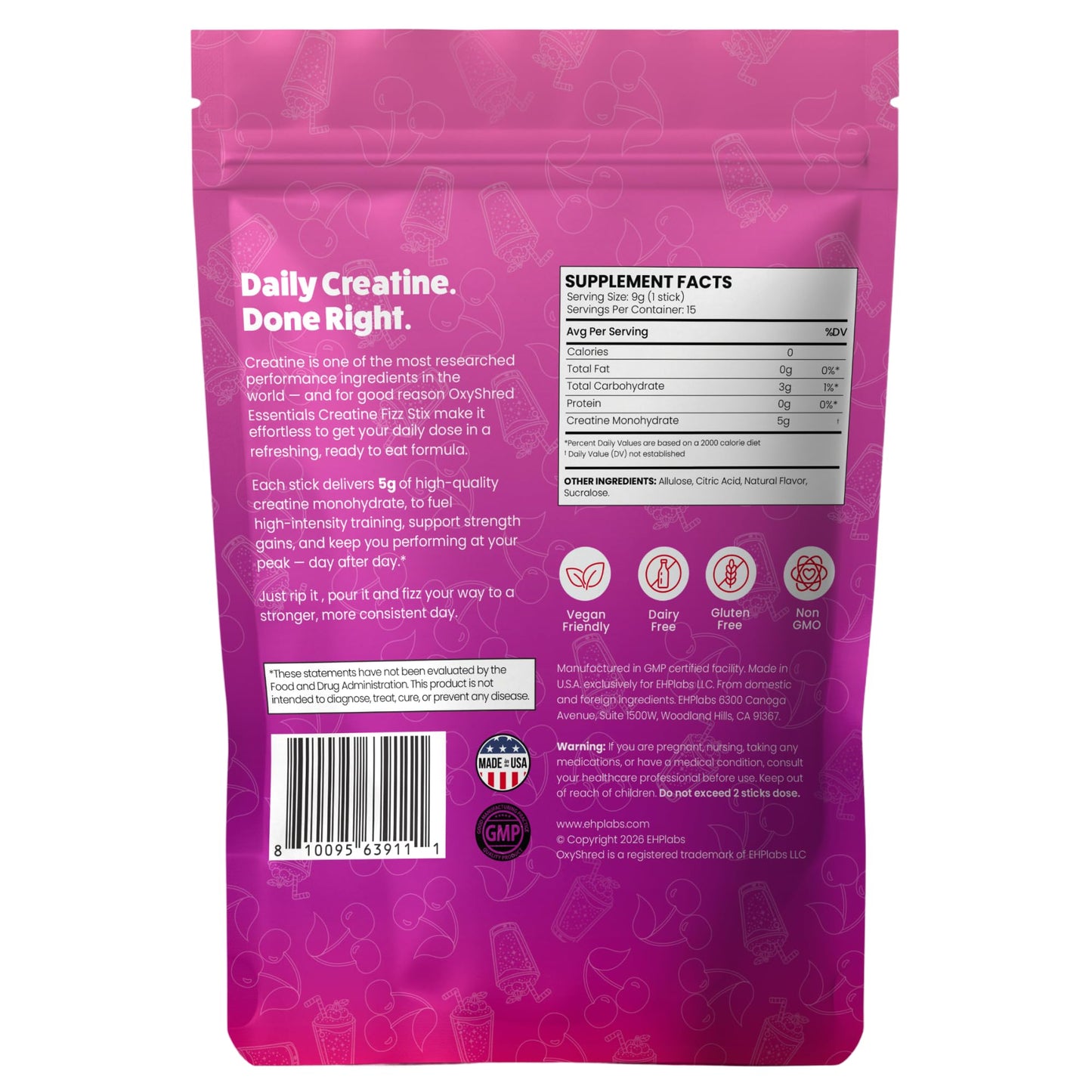 EHP Labs OxyShred Creatine Monohydrate Fizz Sticks Powder 15 Pack
