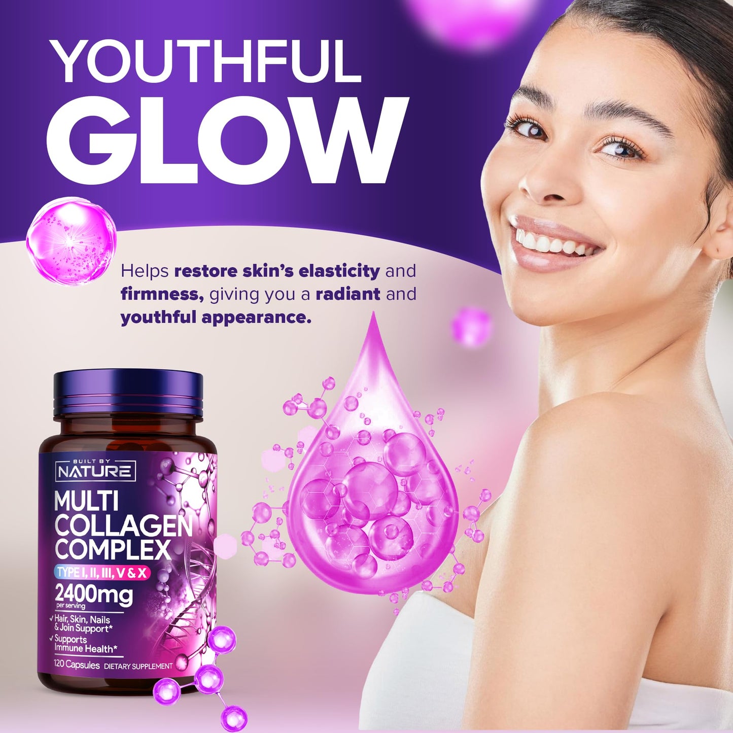 Built by Nature Multi Collagen Peptides Complex Supplement for Women Capsules, 120 Count