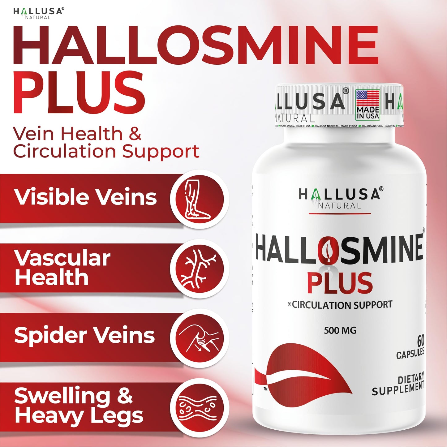 Hallusa Natural Hallosmine Plus Diosmin 500mg Capsules, 60 Capsules