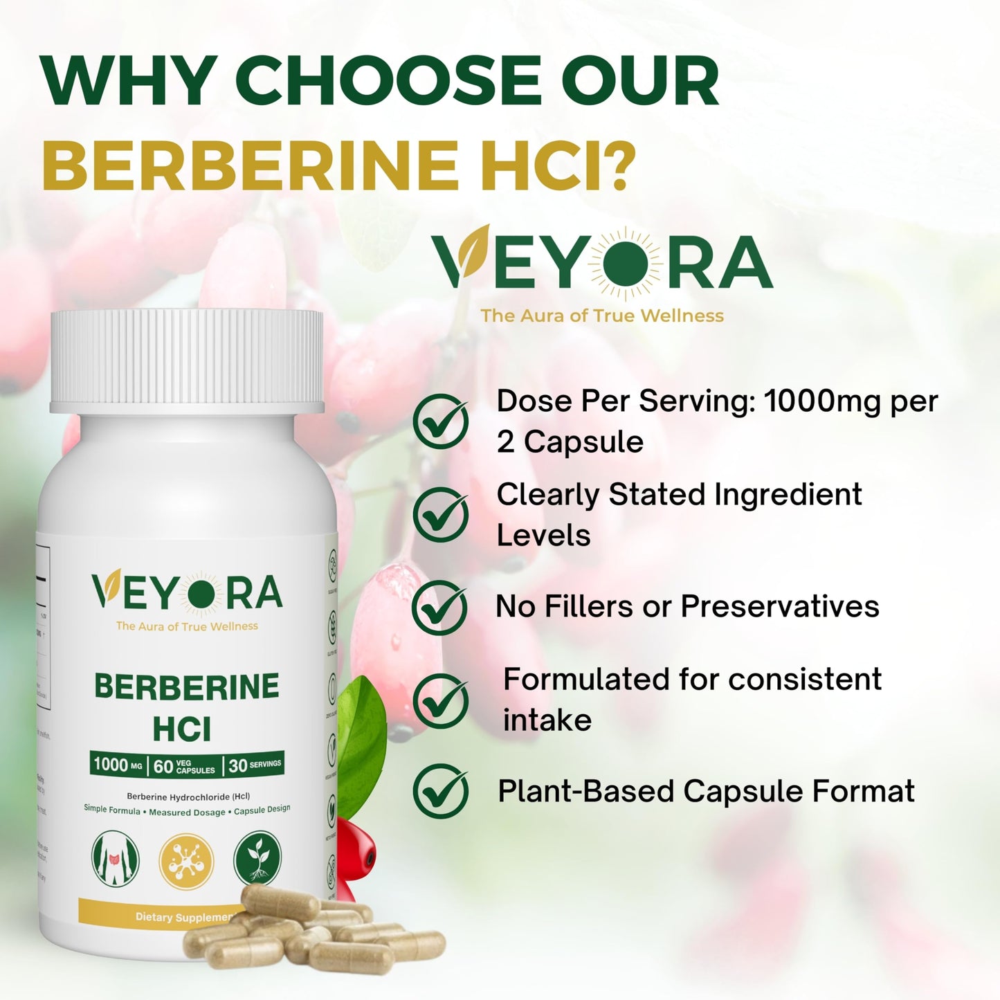 VEYORA Berberine HCl 1000 mg Capsules, 60 Count