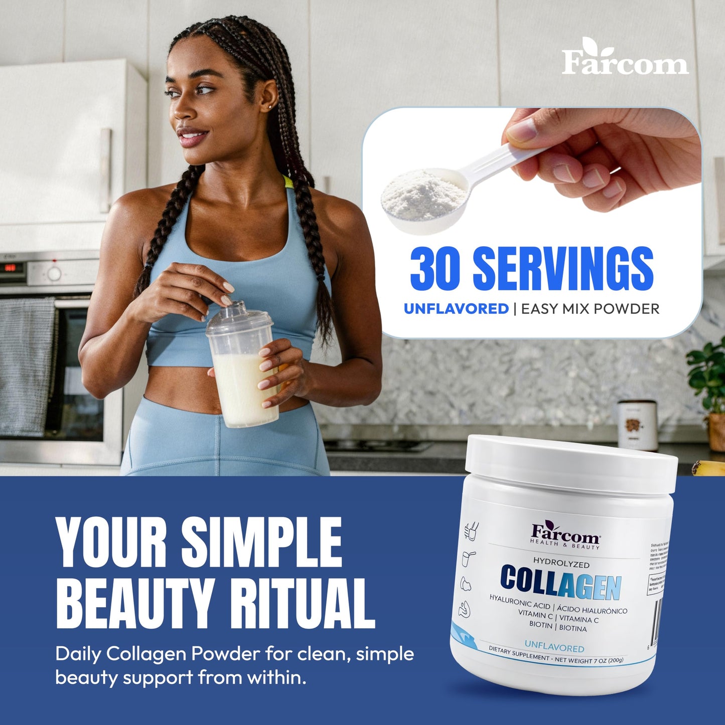 Farcom Hydrolyzed Collagen Peptides Powder 7 oz with Biotin 10,000mcg, Hyaluronic Acid & Vitamin C – Unflavored Collagen Powder for Hair, Skin, Nails & Joint Support, Gluten Free, Non-GMO