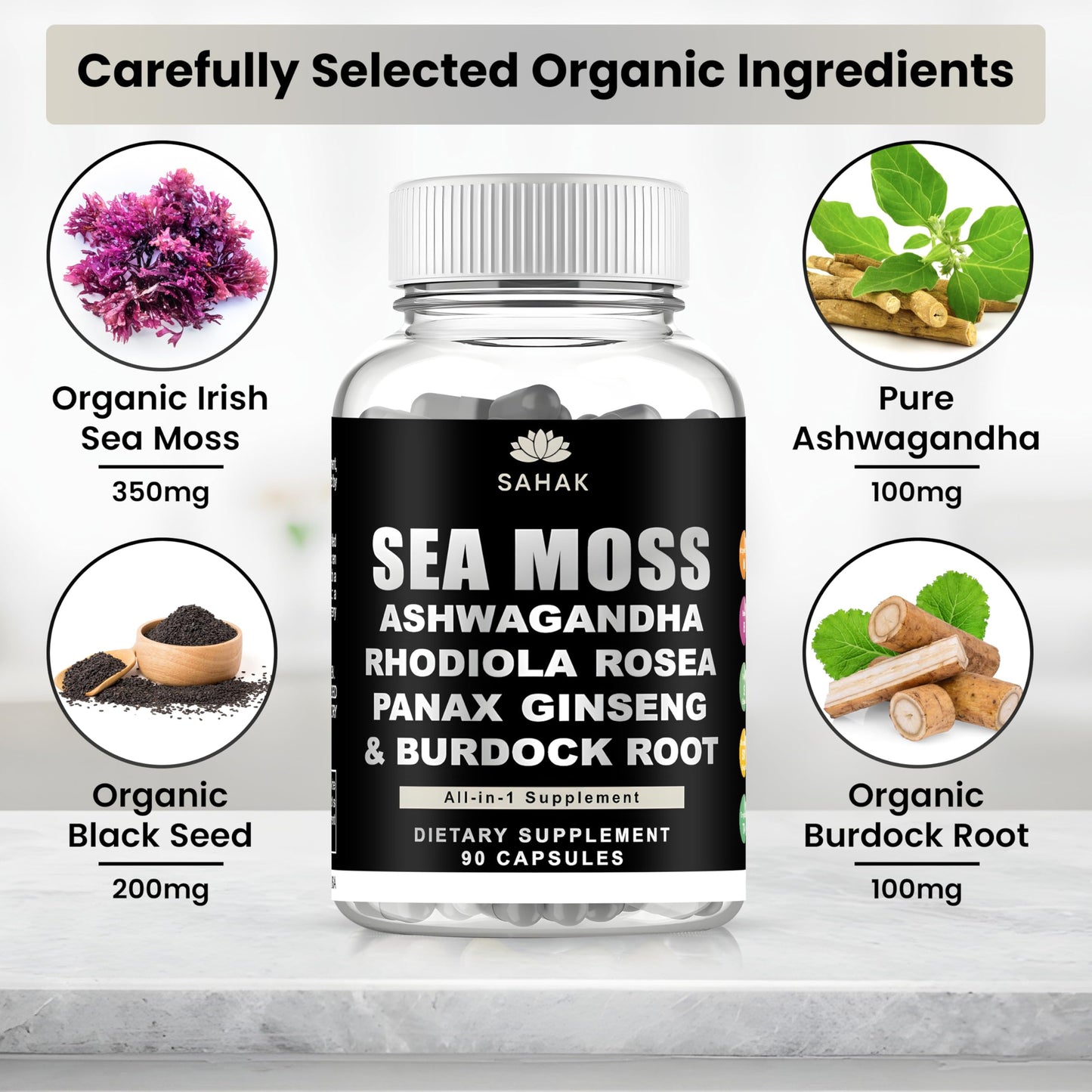 SAHAK Organic Sea Moss Capsules with Ashwagandha, Rhodiola, Panax Ginseng & Burdock Root, 90 Count