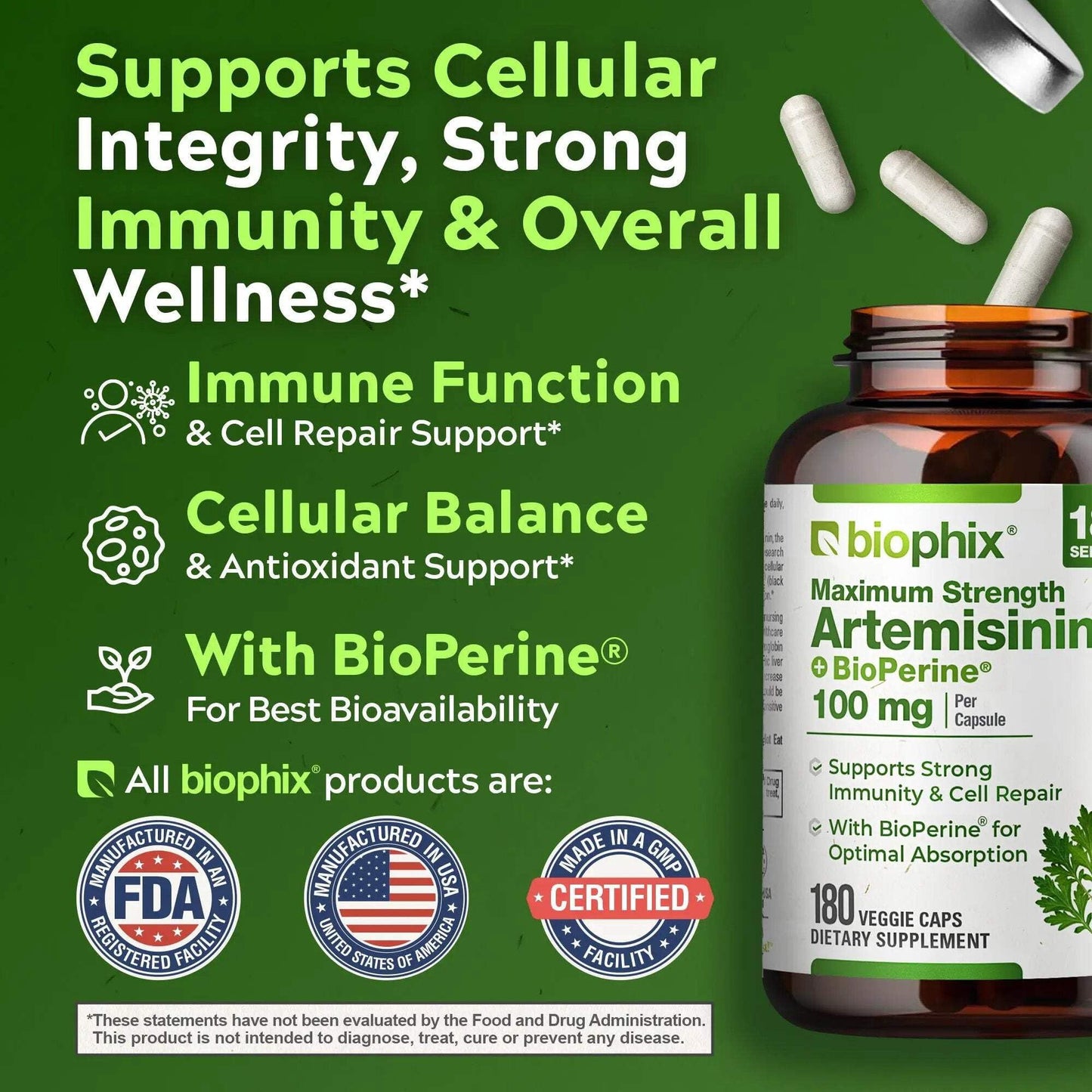 Biophix Artemisinin Supplement + BioPerine 100 mg - Maximum Strength Sweet Wormwood Extract - Supports Cellular Health, Antioxidant Balance & Immune Function, 180 Capsules