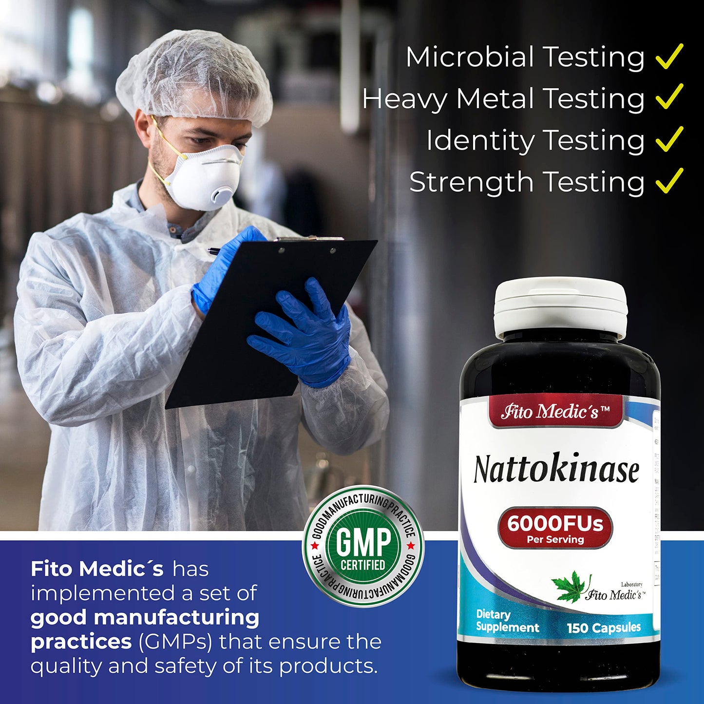 FITO MEDIC'S Lab Nattokinase Natto 6000 FU Enzyme, 150 Capsules