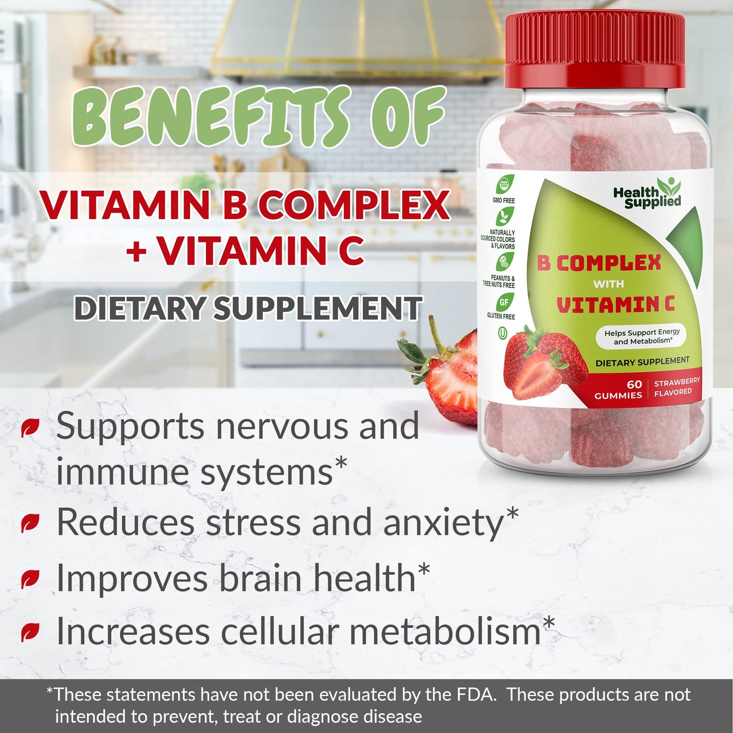 Health Supplied Vitamin B Complex Gummies, Strawberry Flavored with Vitamin C, 120 Gummies