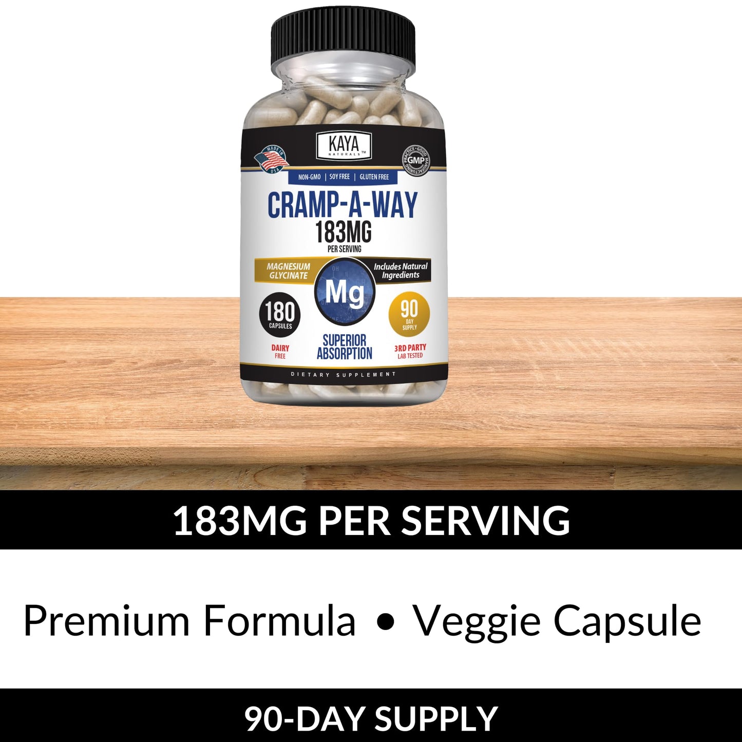 Kaya Naturals Cramp-A-Way Magnesium Glycinate 183mg Capsules, 180 Count