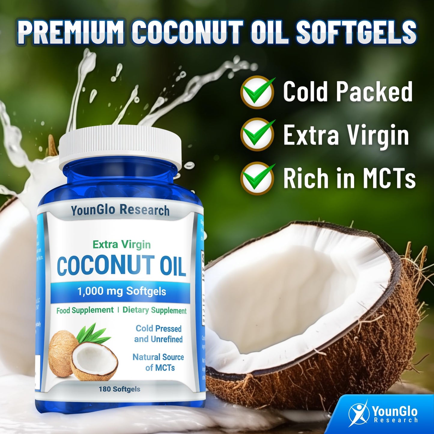 YounGlo Research Coconut Oil 1000 mg 100% Cold-Pressed Organic Extra Virgin Coconut Oil Softgel 180