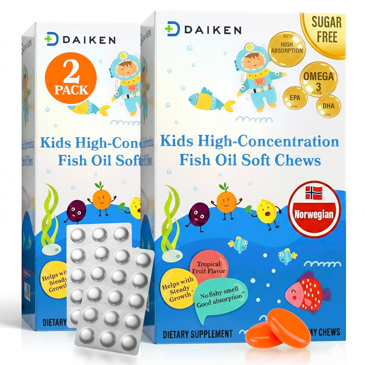 DAIKEN High Concentration Kids Fish Oil Omega-3 Gummies, 60 Gummies
