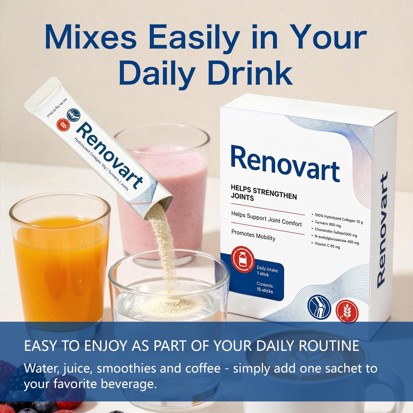 Renovart Platinum Hydrolyzed Collagen Powder, 15 Count