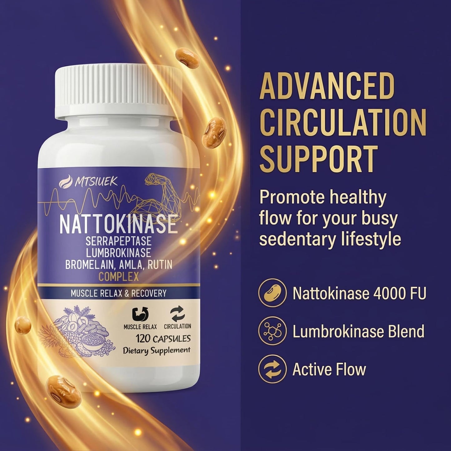 MTSIUEK Nattokinase 4000 FU & Serrapeptase 120000 SPU Proteolytic Enzyme Complex with Bromelain, Amla, Curcumin, Rutin, 120 Capsules