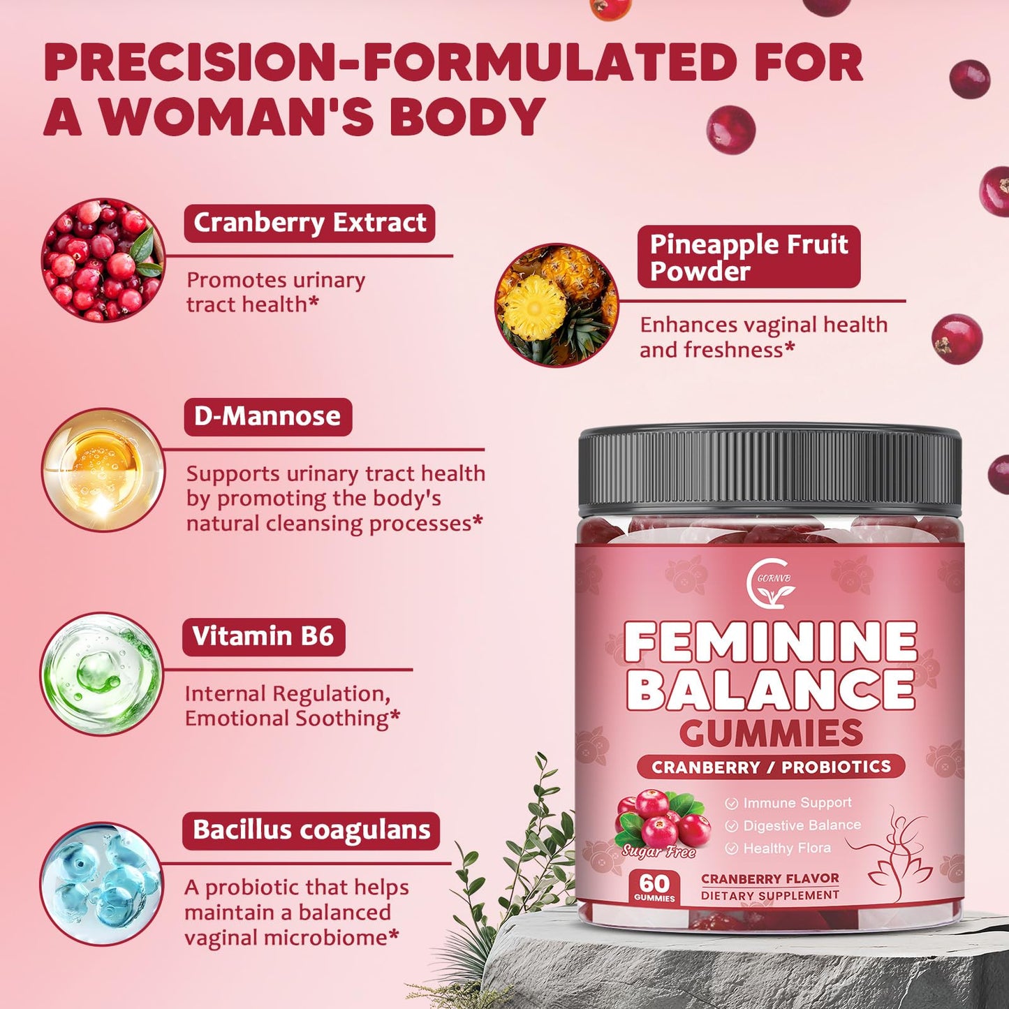 GORNVB Feminine Balance Gummies for Women, 60 Count