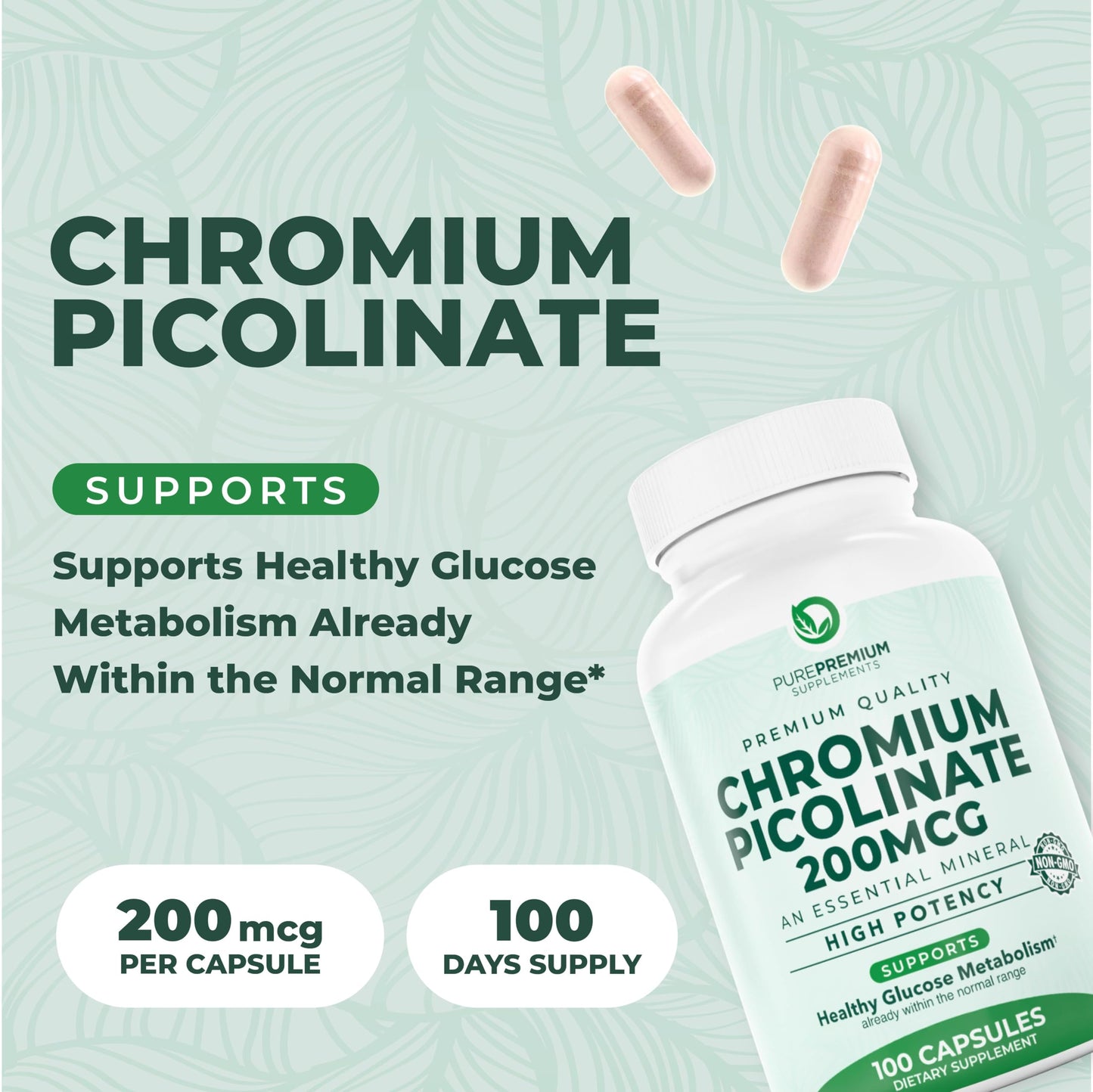 PurePremium Supplements Chromium Picolinate 200mcg Capsules, 100 Count