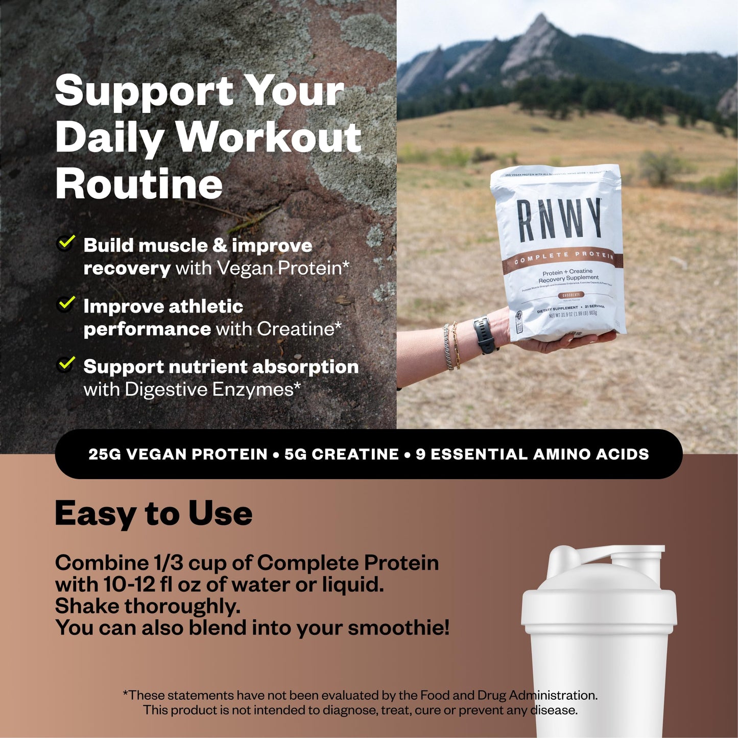 RNWY Complete Protein Powder, 25g Yeast Protein + 5g Creatine Monohydrate, Vegan, Dairy-Free, Informed Sport Certified, Post-Workout Recovery for Endurance Athletes, Chocolate, 21 Servings