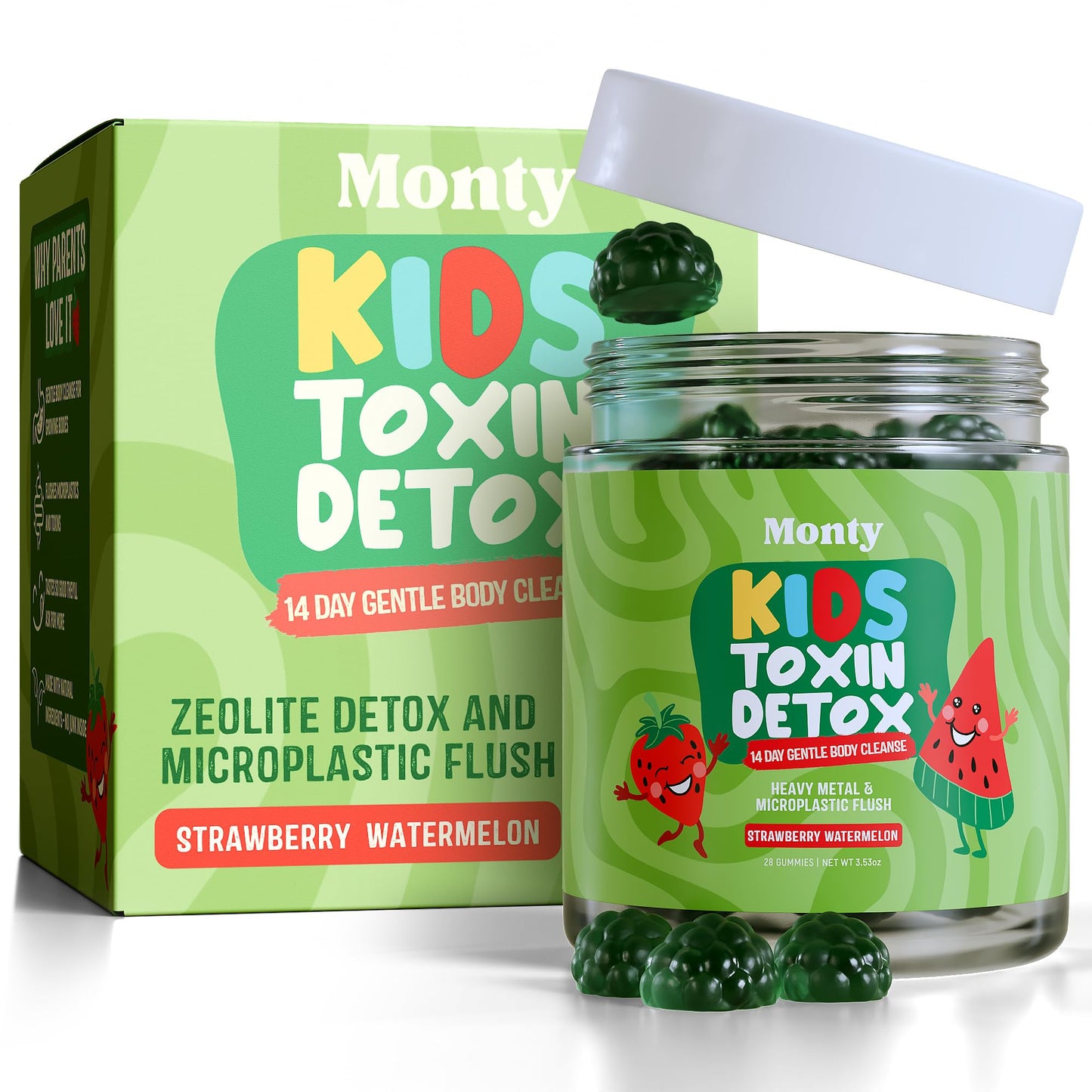 Monty Supplements Zeolite Detox for Kids, Heavy Metal & Microplastic Detox, Development, Behavior, Energy and Gut Health, Vegan Gummies w/Chlorella & Fibersol-2, Strawberry Watermelon Flavor, 28 Count