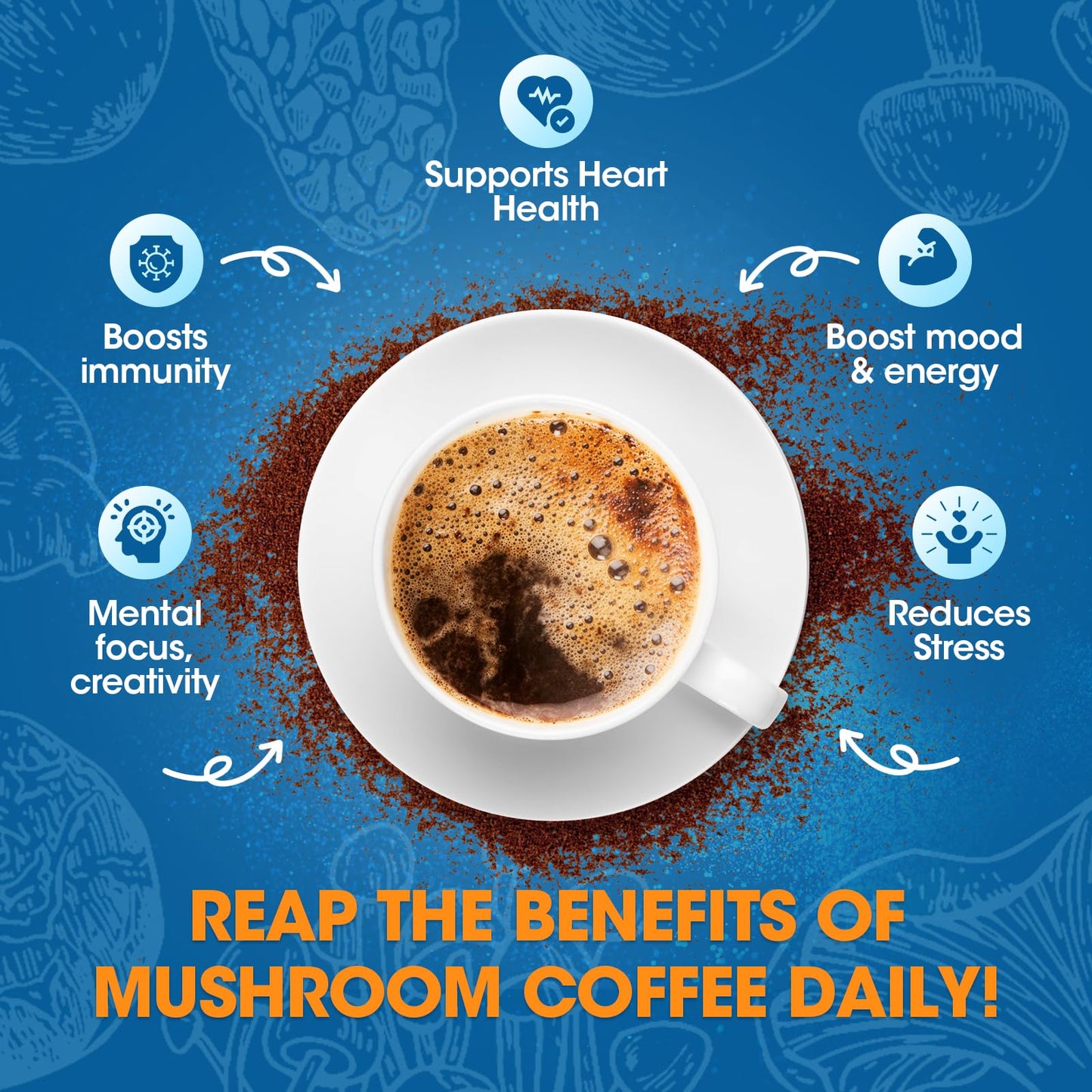 B BEWORTHS Mushroom Coffee Powder with Ashwagandha, L-theanine, Lion's Mane, Reishi, Chaga, Cordyceps, Turkey Tail, Ginseng | Arabica Instant Coffee for Immunity, Brain Focus, Gut Health 7.05 Ounce