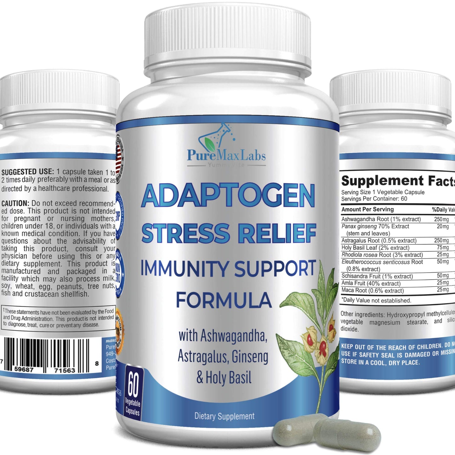 YUMMYVITE Adaptogen Stress Relief Immune Support Formula Capsules, 60 Count