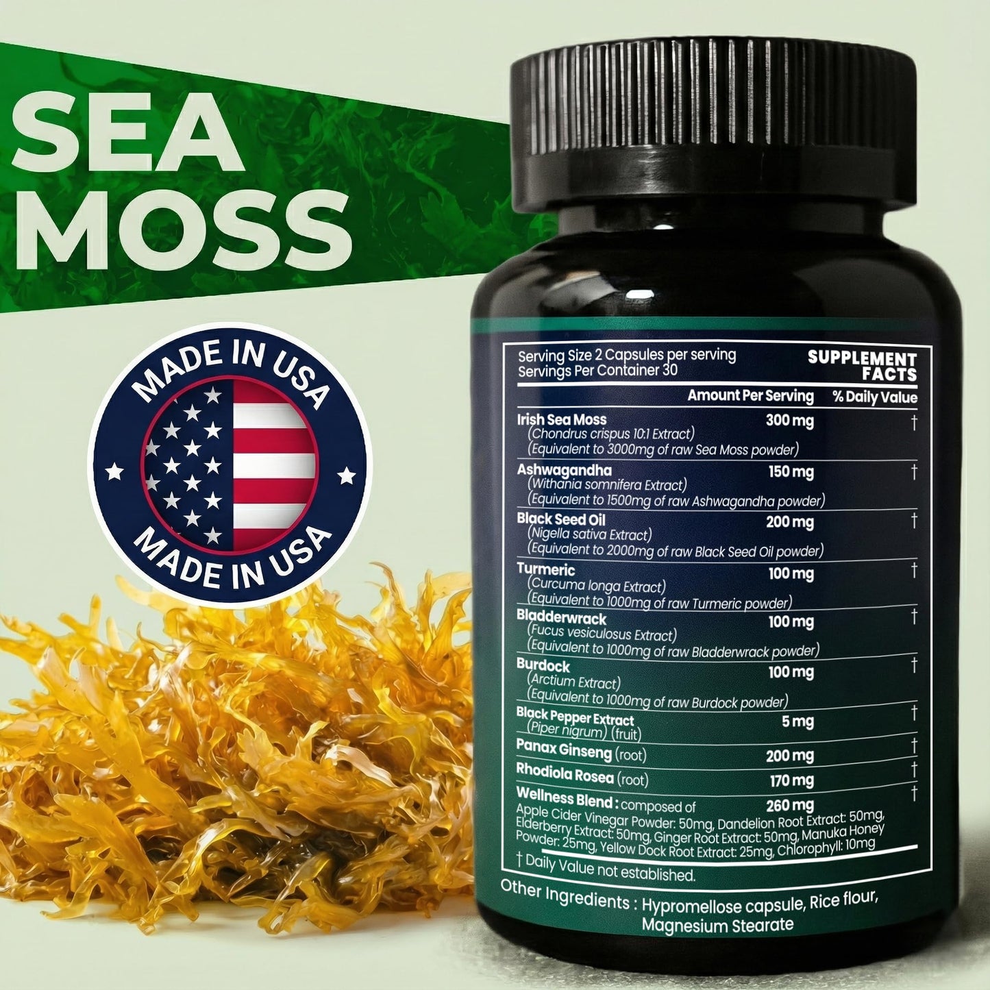 Opti Health Sea Moss Black Seed Oil Ashwagandha Ginger Advanced Irish Sea Moss Capsules 60 Count