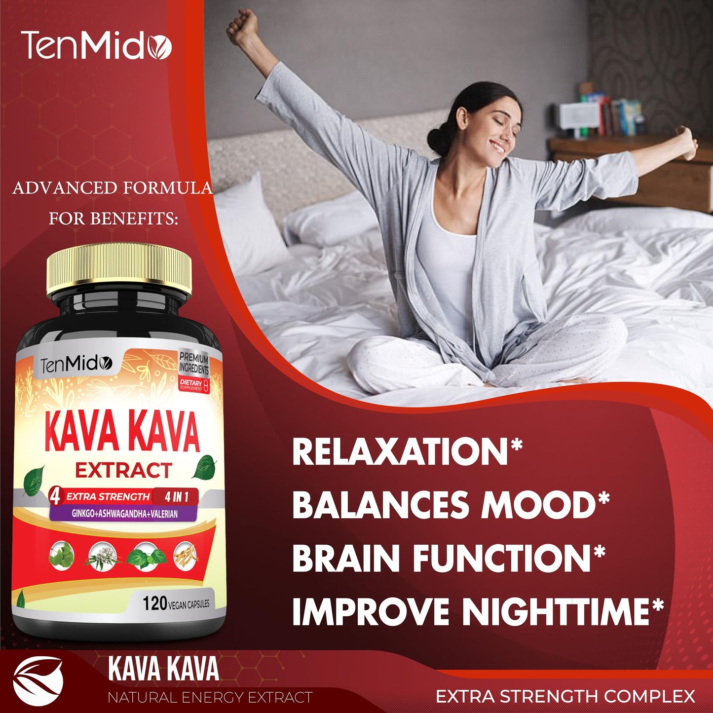 Tenmido Kava Kava Supplement Extract, 120 Capsules