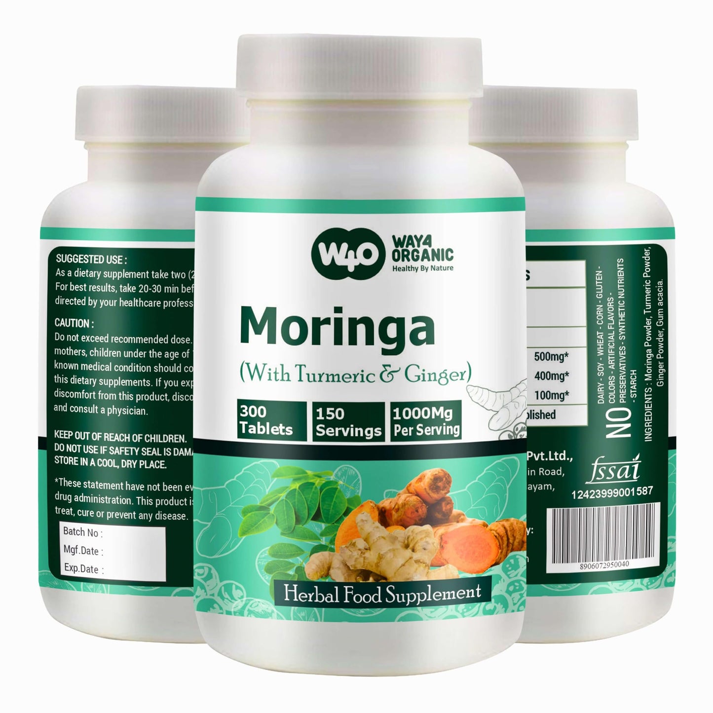WAY 4 ORGANIC W4O Moringa Tablets with Turmeric and Ginger Tablet, 1 Count