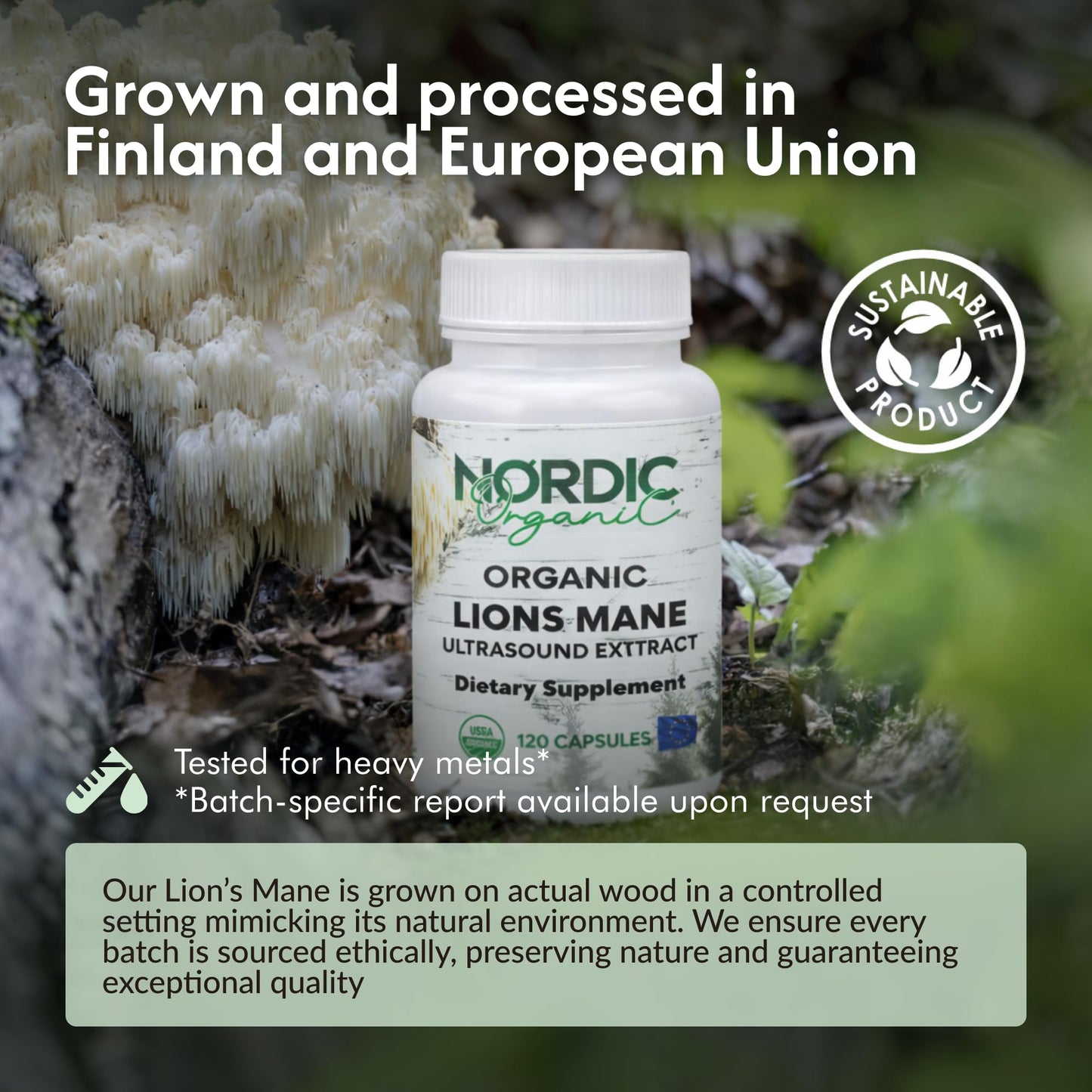 Nordic Organic Lion’s Mane Ultrasound Extract Capsules 120 Capsules