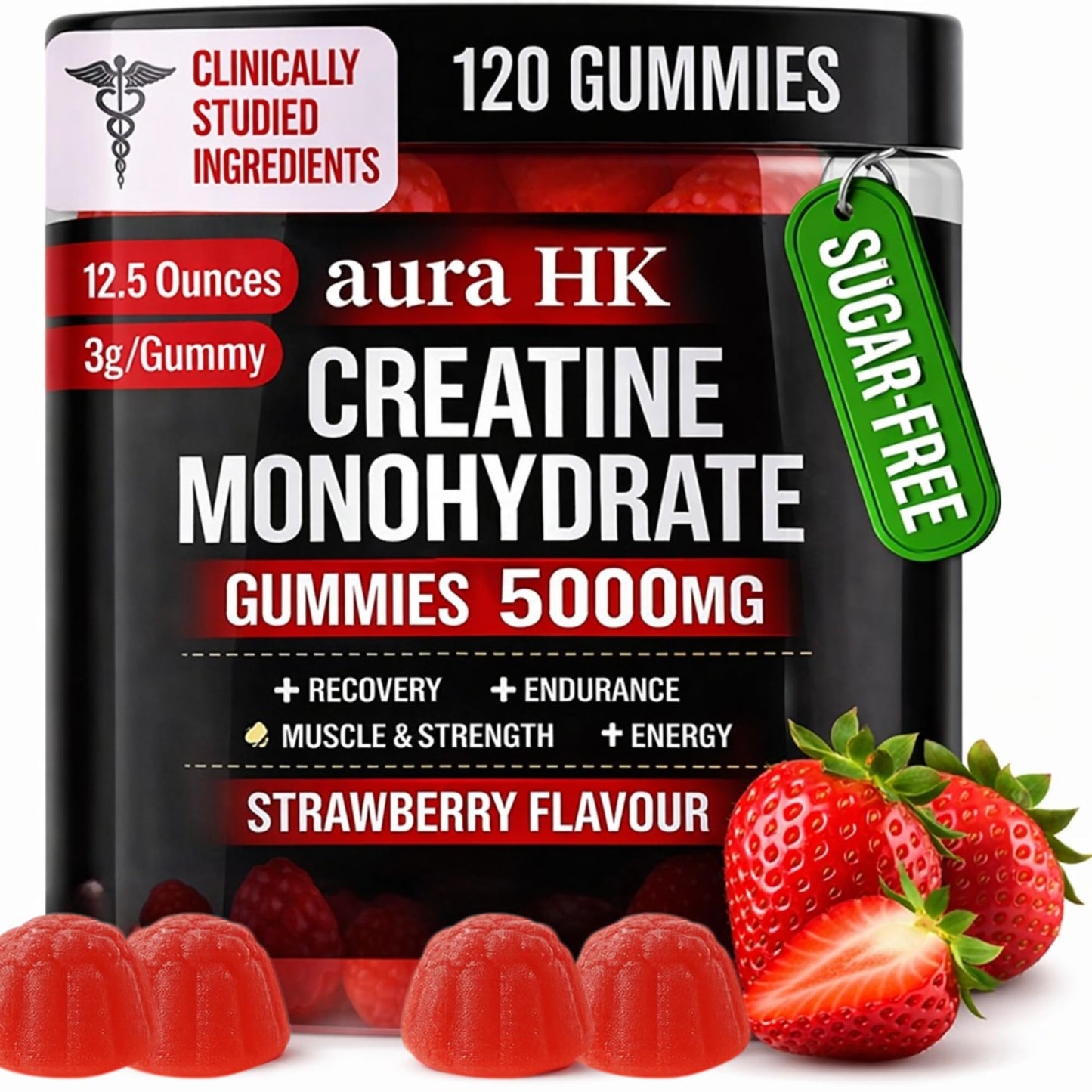 aura HK Creatine Monohydrate Gummies 5000mg Per Serving, Sugar Free, Strawberry Flavor, with Turmeric Root & Black Pepper, Vegan, 120 Gummies