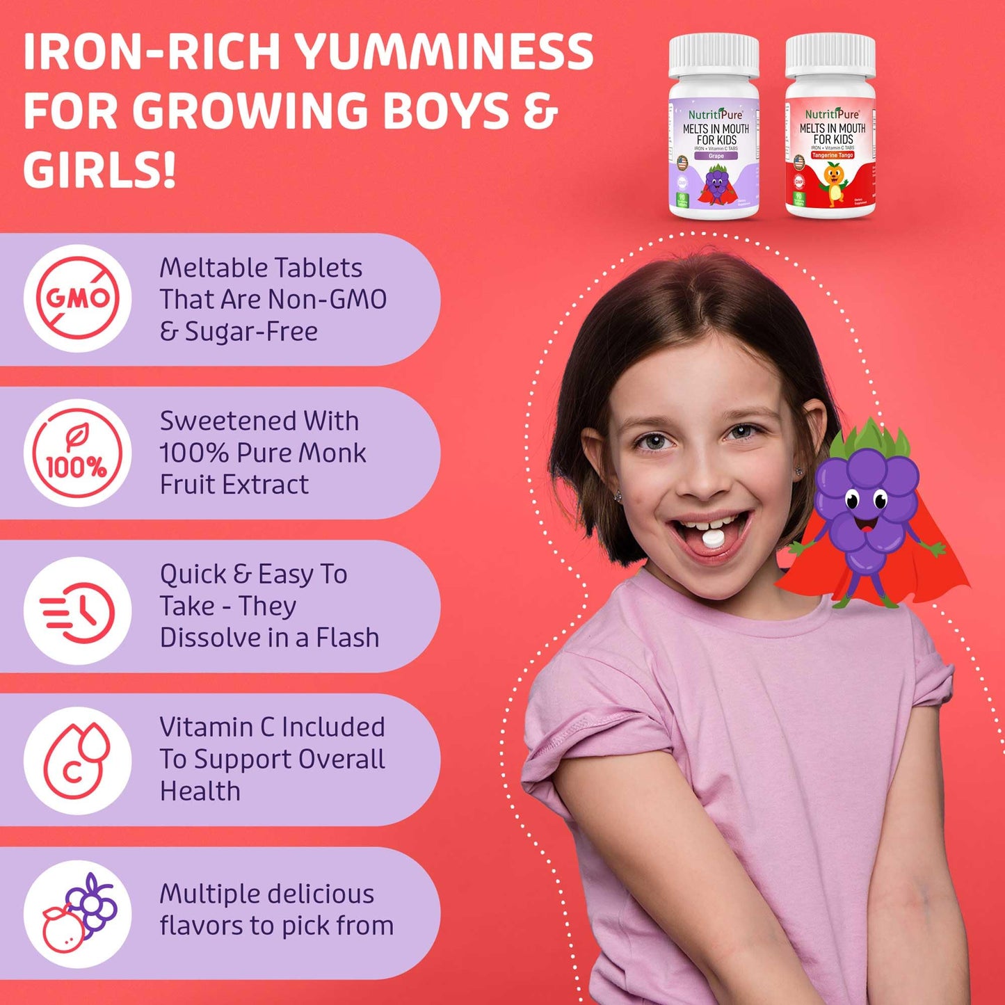 NutritiPure Kids Chewable Iron Supplement with Ferronyl Carbonyl Iron 9 mg and Vitamin C 30 mg, 90 Tablets