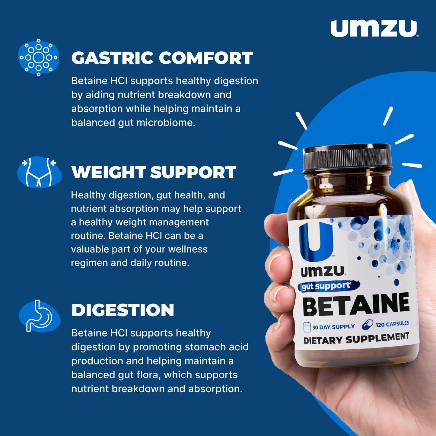 UMZU Betaine HCl Supplement Capsules, 120 Count