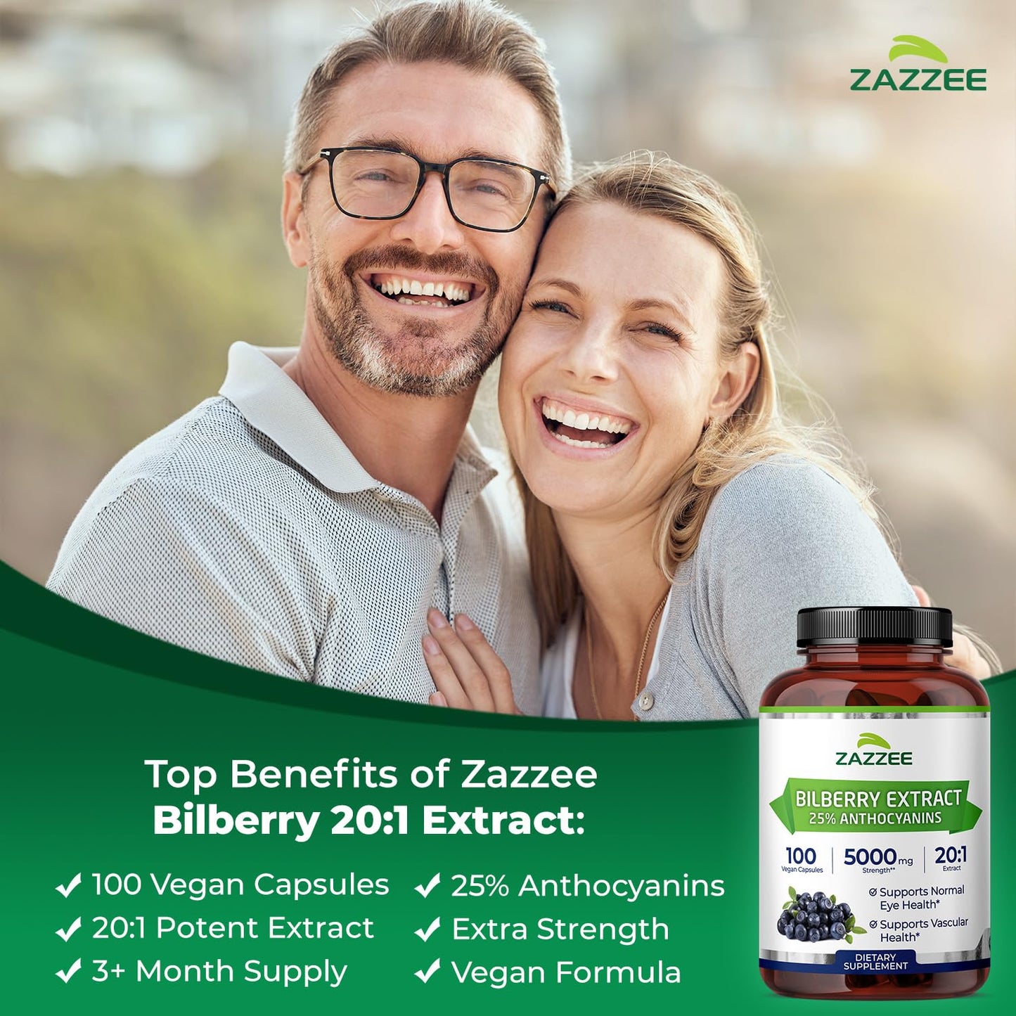 Zazzee Extra Strength Bilberry 20:1 Extract, 25% Anthocyanins, 100 Vegan Capsules