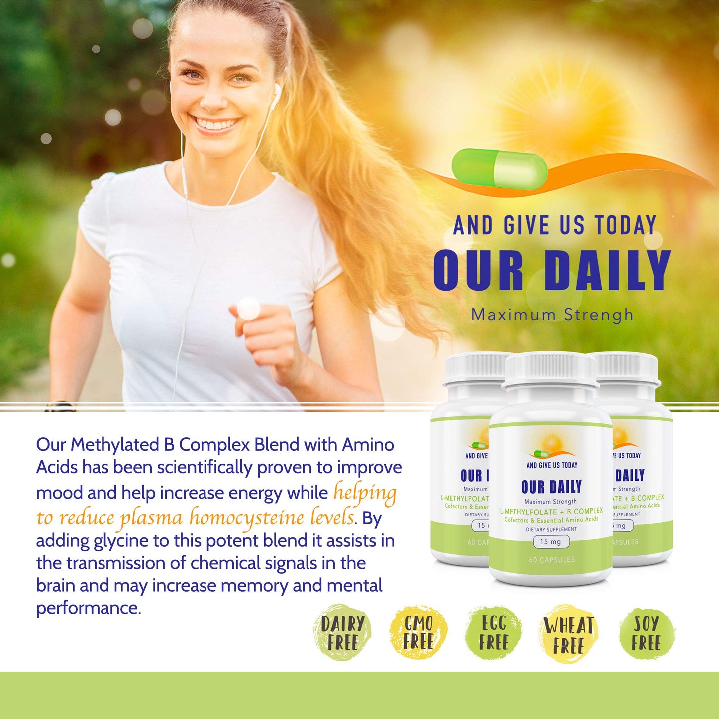 AND GIVE US TODAY OUR DAILY Our Daily Vites L-Methylfolate B Complex Cofactors & Essential Amino Acids (15mg) - Active Folate, Methylated B12 Methylcobalamin, B6 and Glycine, 60 Capsules