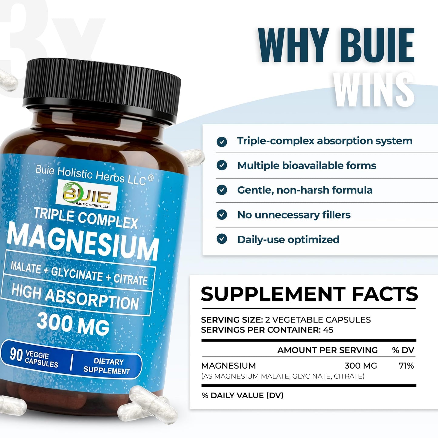 BUIE Triple Complex Magnesium Glycinate, Citrate & Malate 300mg, 90 Capsules