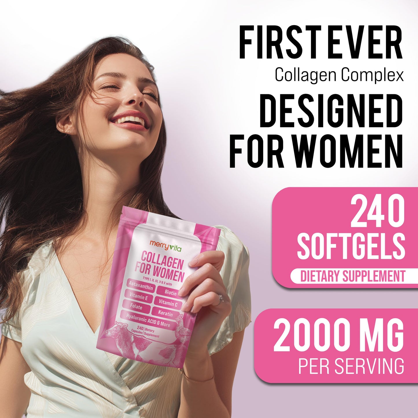 MERRY VITA Collagen for Women – Hydrolyzed Multi Collagen Peptides Types I, II, III, V & X – Collagen Supplement with Vitamin C, Biotin & Hyaluronic Acid – Grass Fed, Non-GMO, 240 Capsules