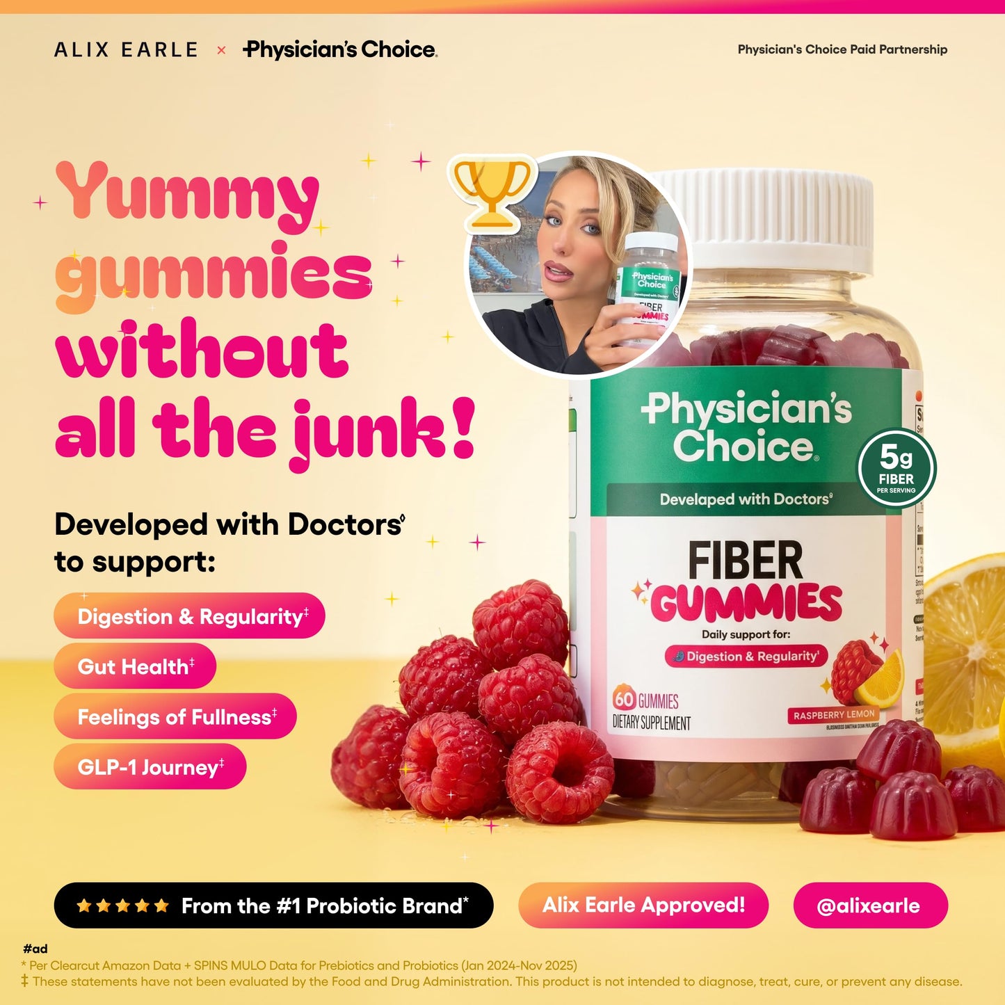 Physician's CHOICE Fiber Gummies for GLP-1 Support - No Sugar Added & Vegan - Raspberry Lemon - Natural Chicory Root Prebiotic Fiber Gummy - Digestive Health & Regularity for Women & Men, 60 Gummies