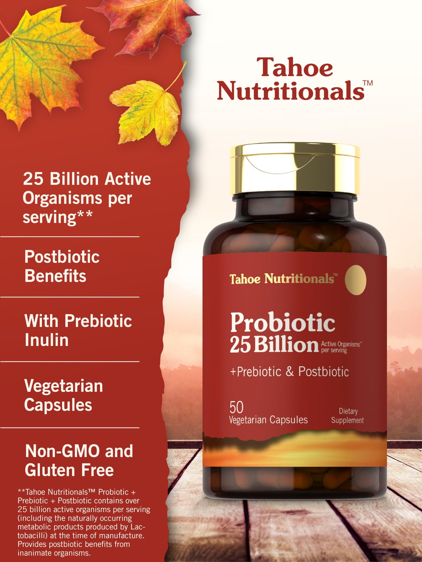 Tahoe Nutritionals Prebiotic, Probiotic & Postbiotic 25 Billion CFU Capsules, 50 Count