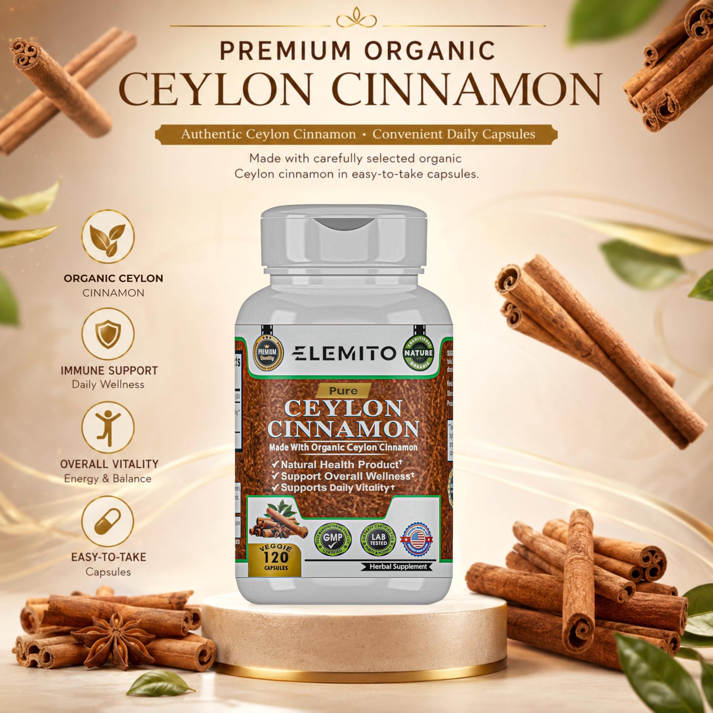 ELEMITO Organic Ceylon Cinnamon Capsules 120 Count