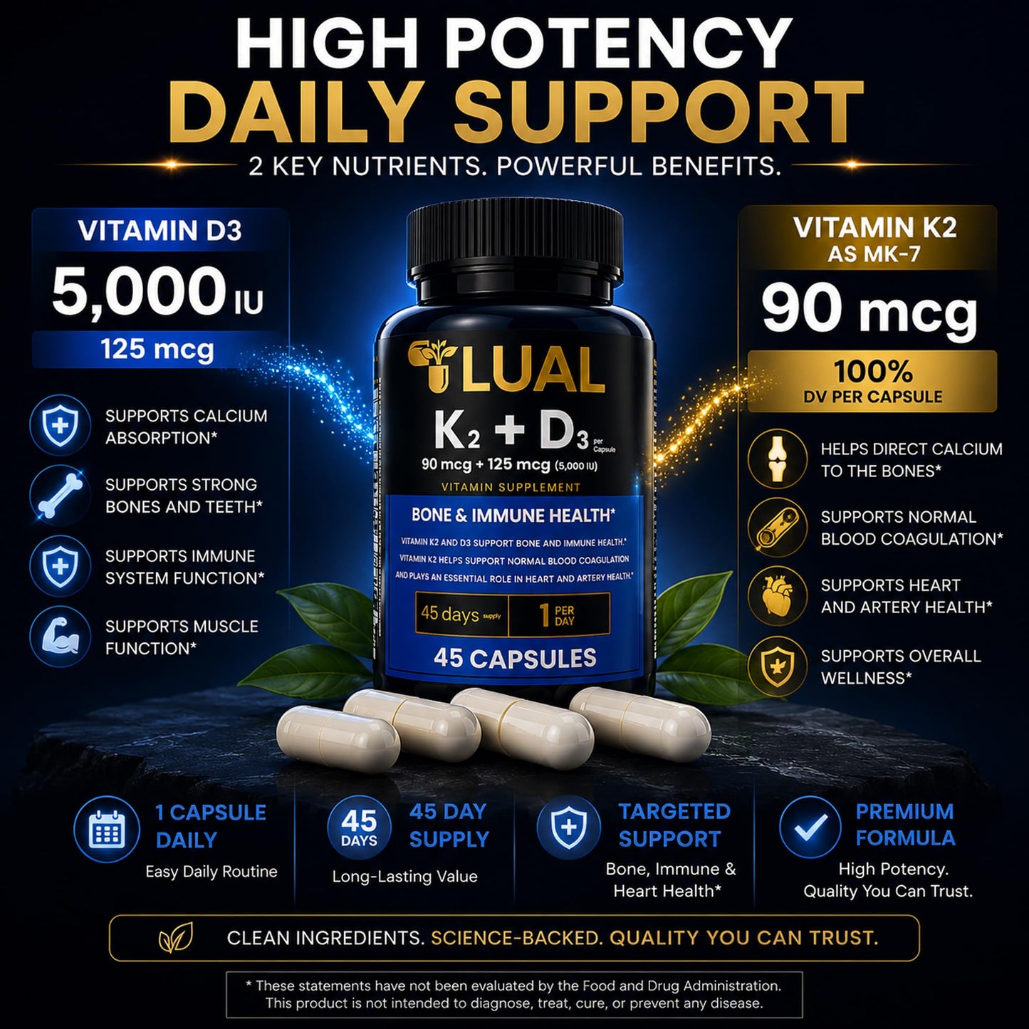 LUAL Vitamin K2 + D3 Supplement 45 Capsules