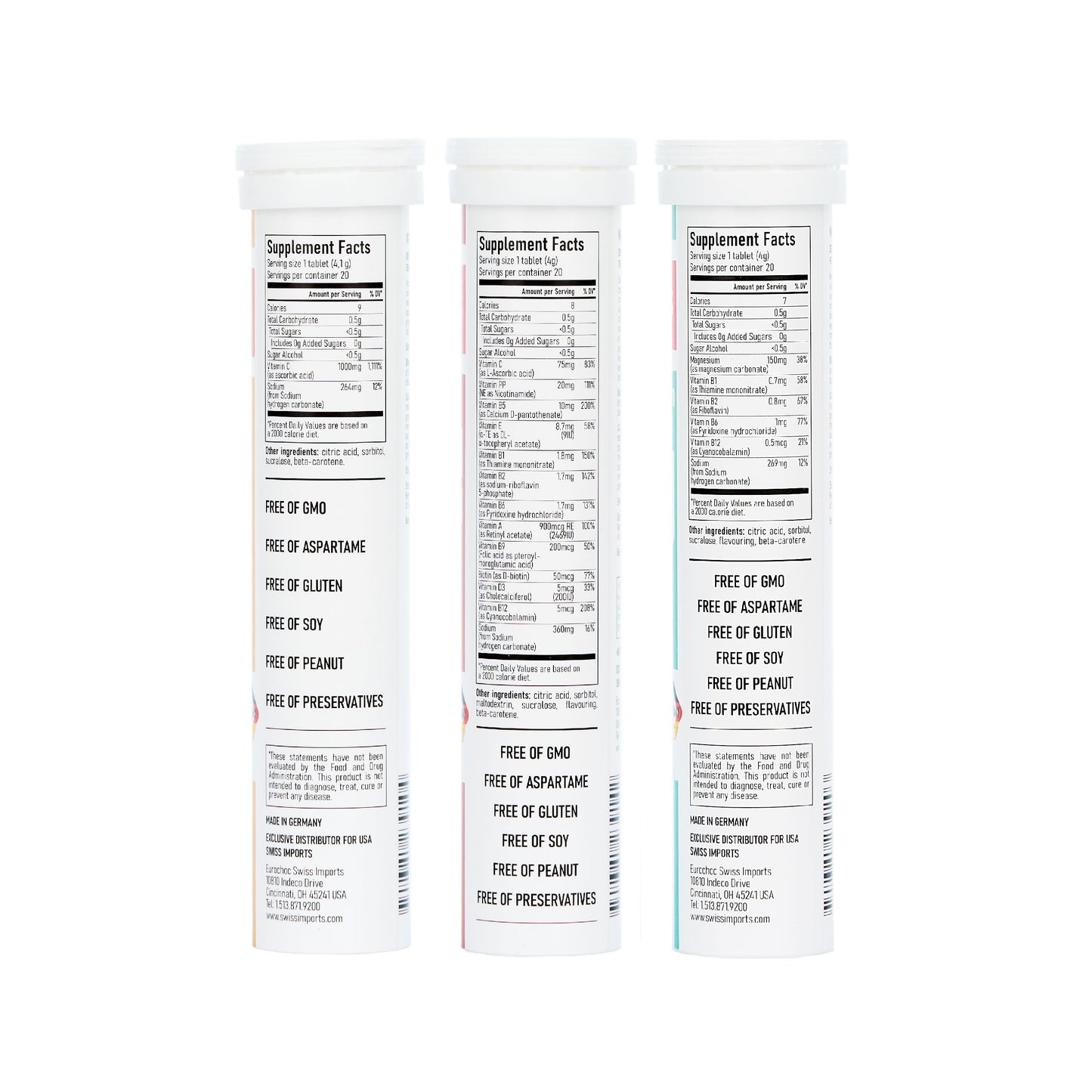 Swiss Imports Effervescent Variety Pack with Vitamin C 1000mg, Magnesium + B Complex, Multivitamin + Biotin 60 Tablets