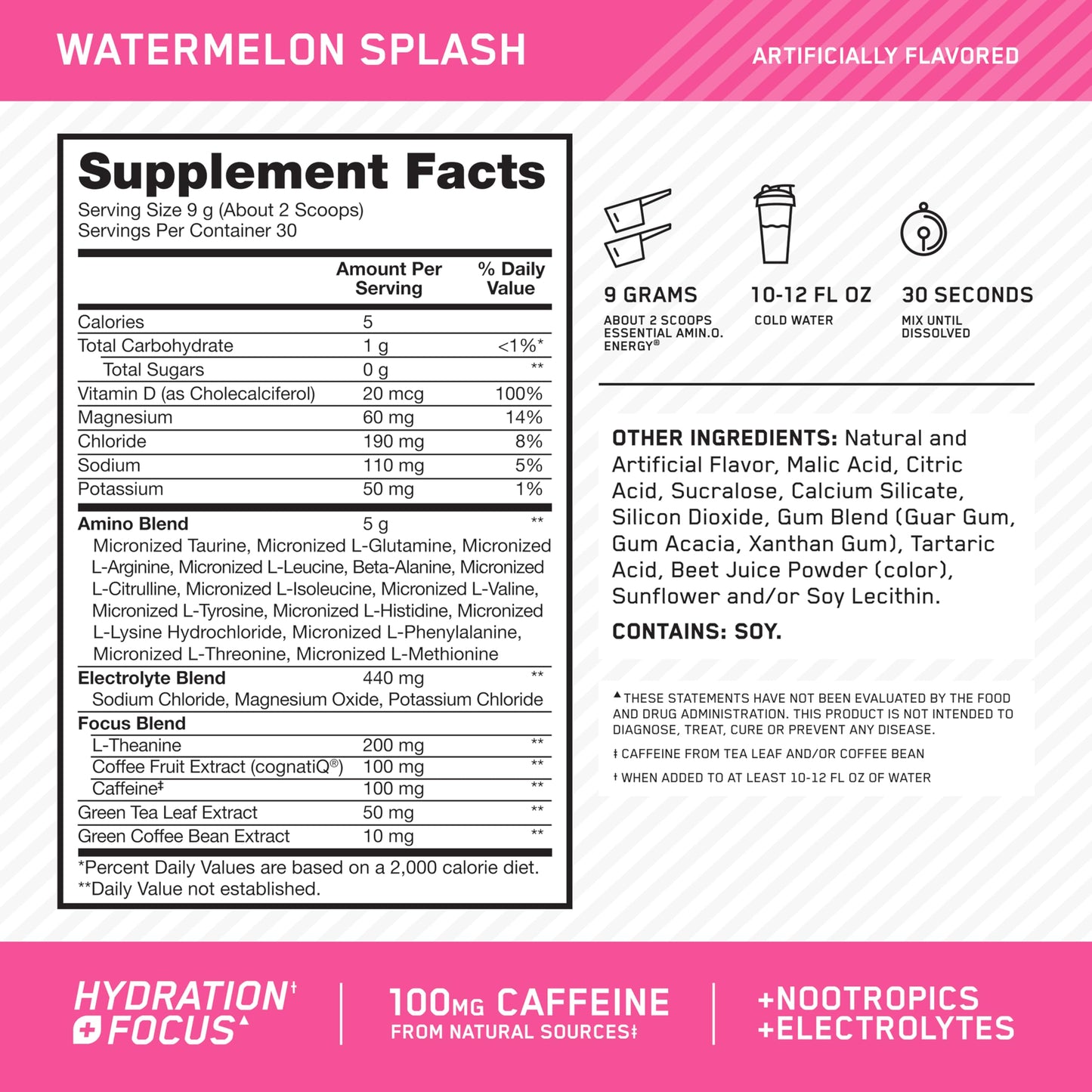 Optimum Nutrition Amino Energy Powder Plus Focus with BCAA, Electrolytes, and Caffeine Watermelon, 9.5 Ounce, 30 Servings