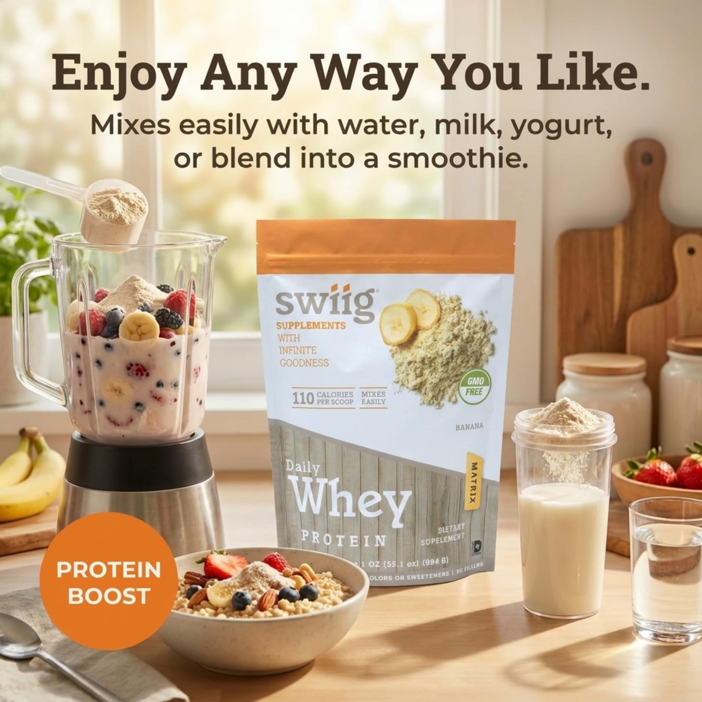 swiig Premium Daily Whey Protein Powder, Banana, 2.2 lb
