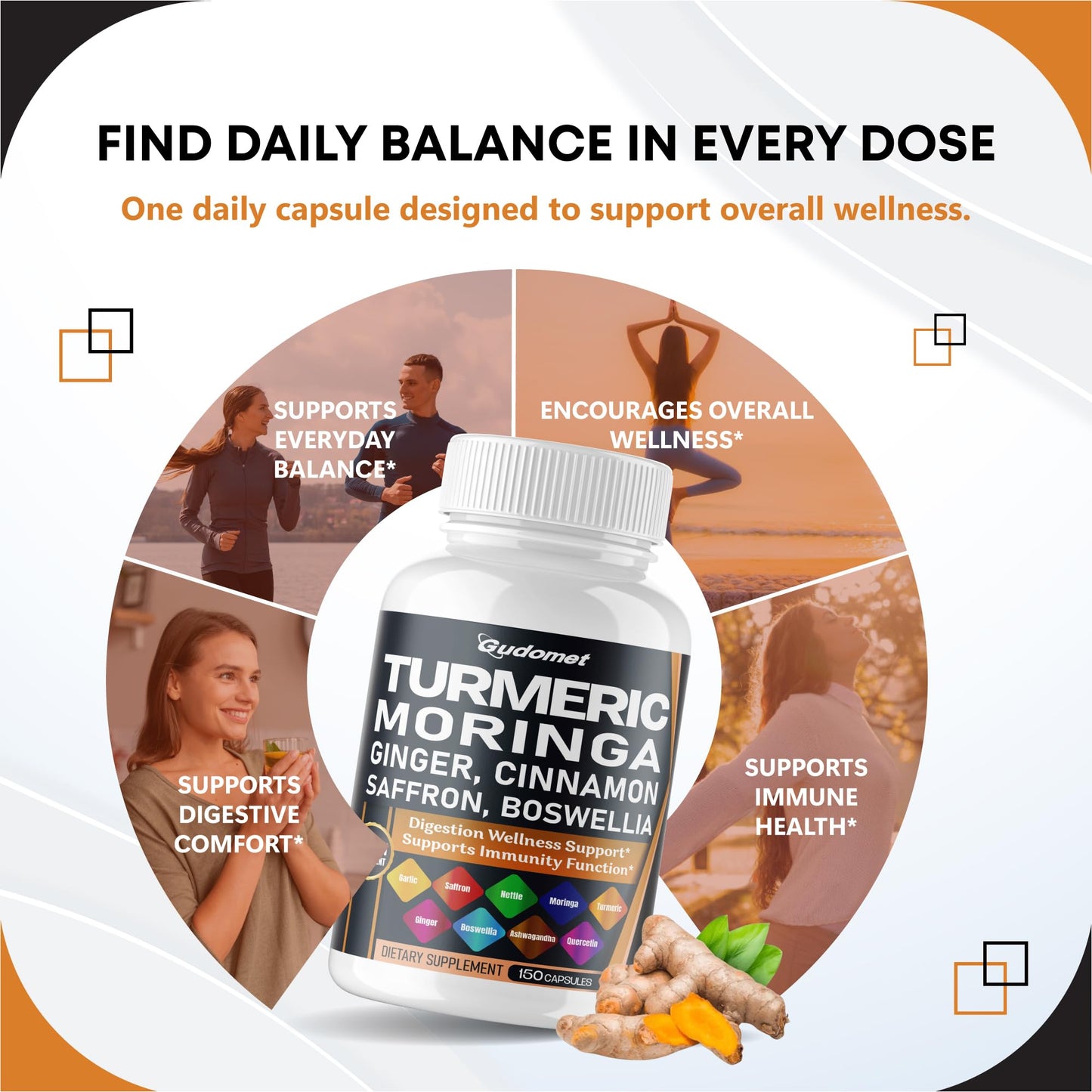 GUDOMET Turmeric Moringa Ginger Boswellia Quercetin Cinnamon Saffron Tart Cherry Odorless Garlic Nettle 150 Capsules