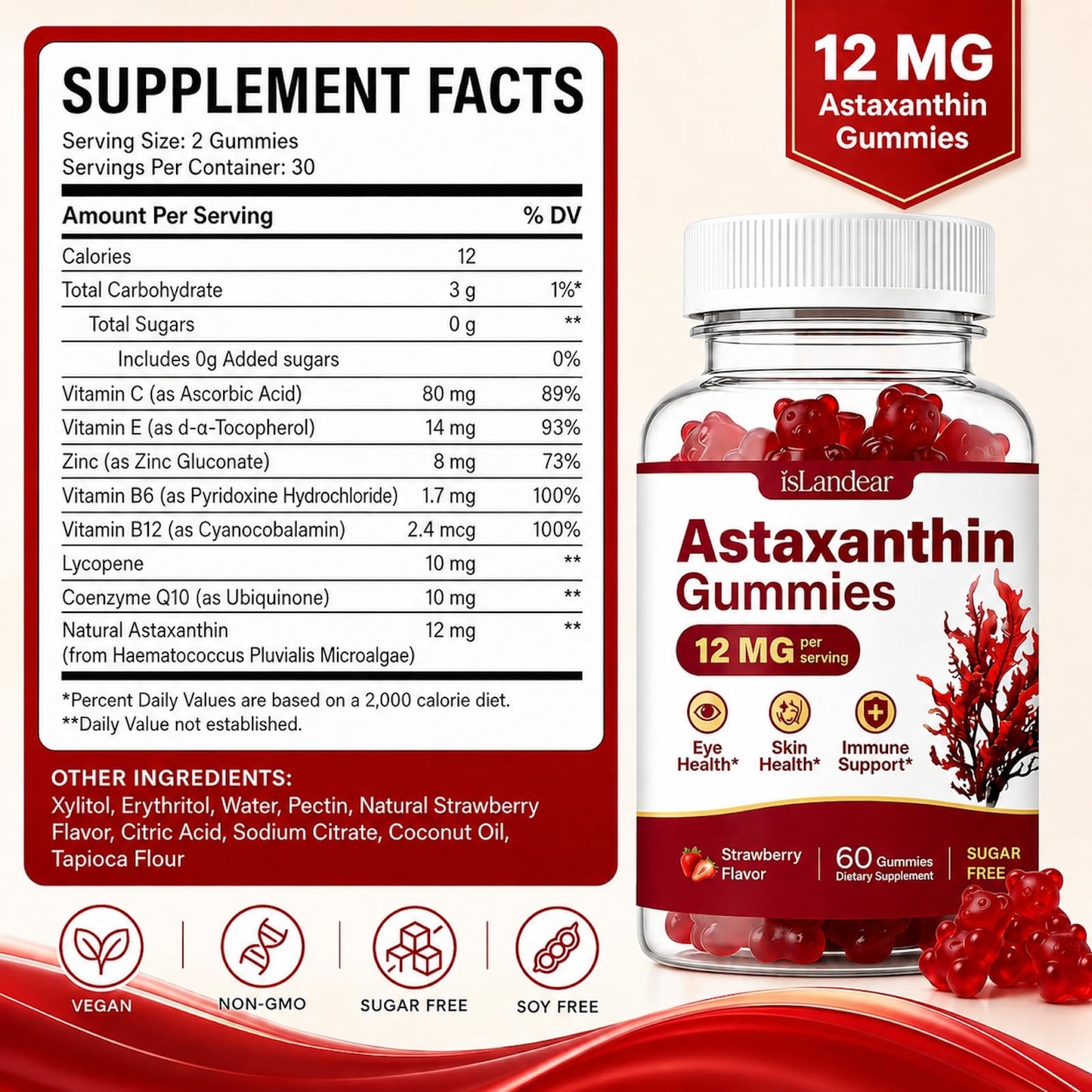 isLandear Astaxanthin Gummies 24mg Max with 12mg Per Gummy, 60 Count
