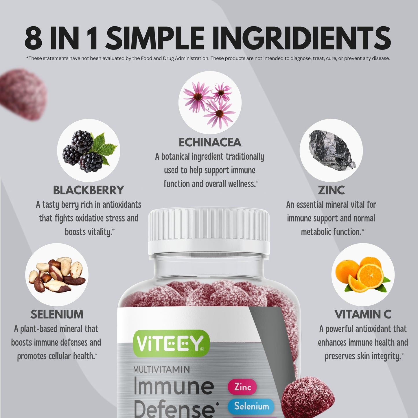 Viteey Multivitamin Gummies 8 in 1 Immune Support with Probiotics, 60 Gummies