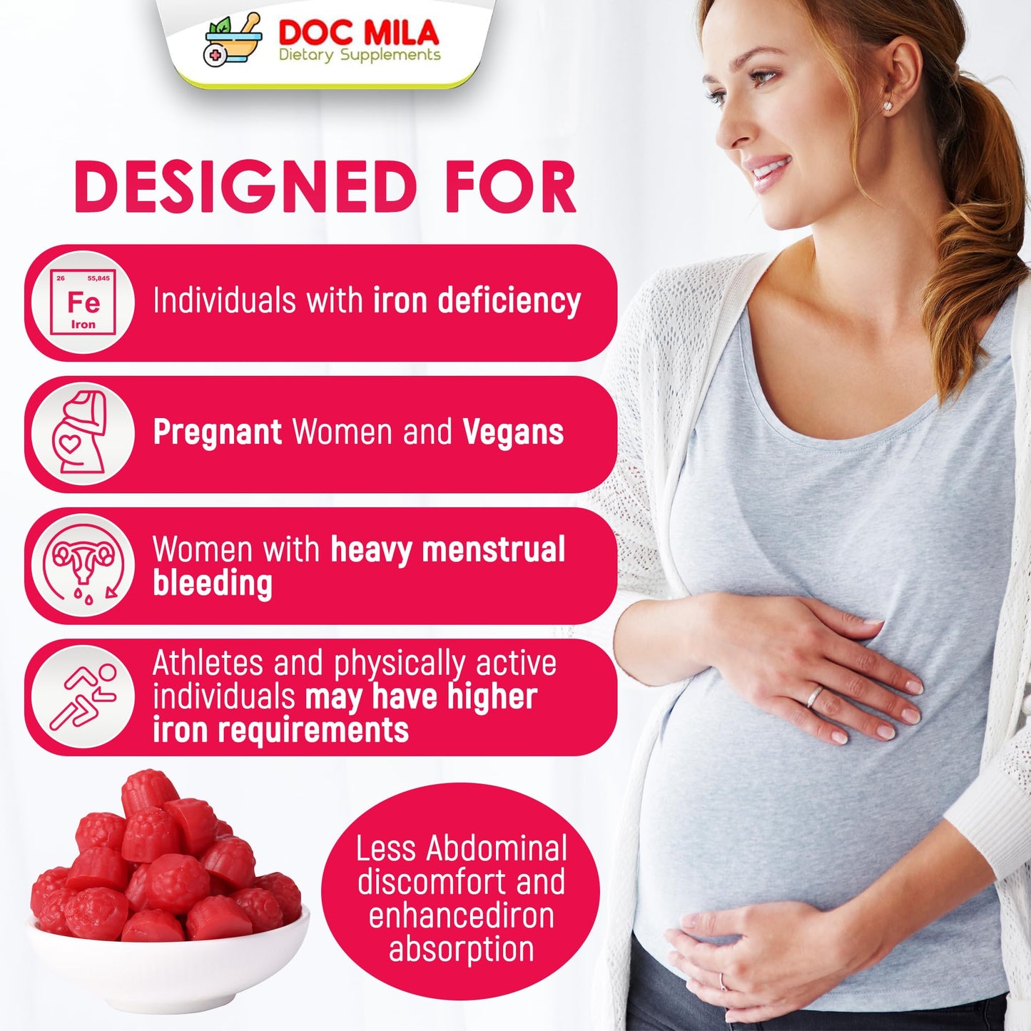 Doc Mila Iron Bisglycinate Gummies 25mg with Liposomal Vitamin C, 60 Gummies