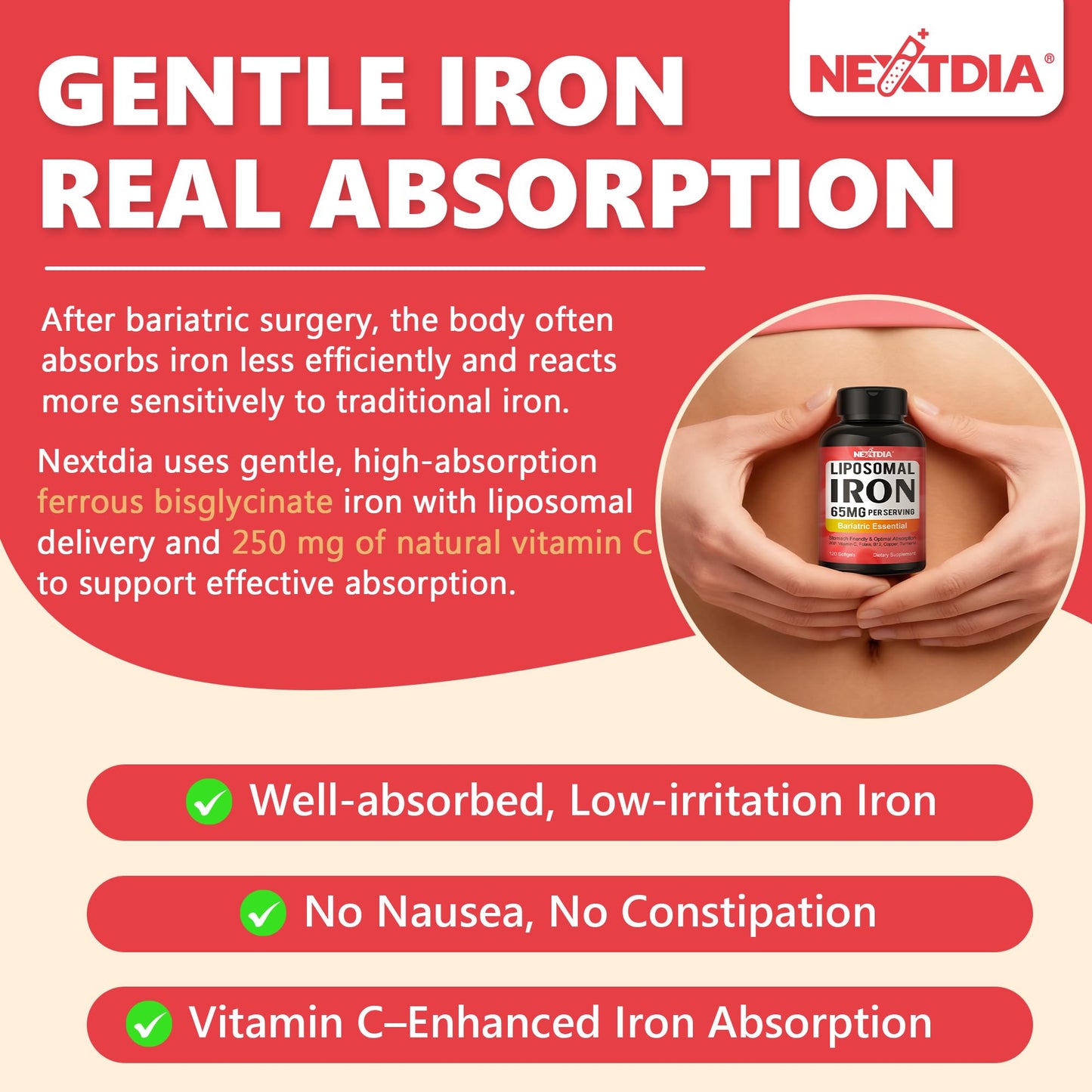 Nextdia Liposomal Iron Bisglycinate 65mg with Vitamin C Softgels, 240 Count