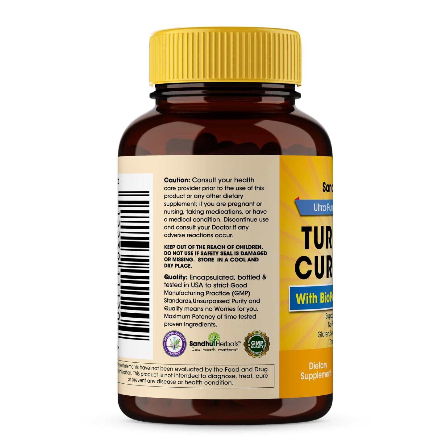 SANDHUHERBALS Organic Turmeric Curcumin 1500mg with Bioperine Black Pepper Extract, 95% Curcuminoids Immune Support, 120 Capsules