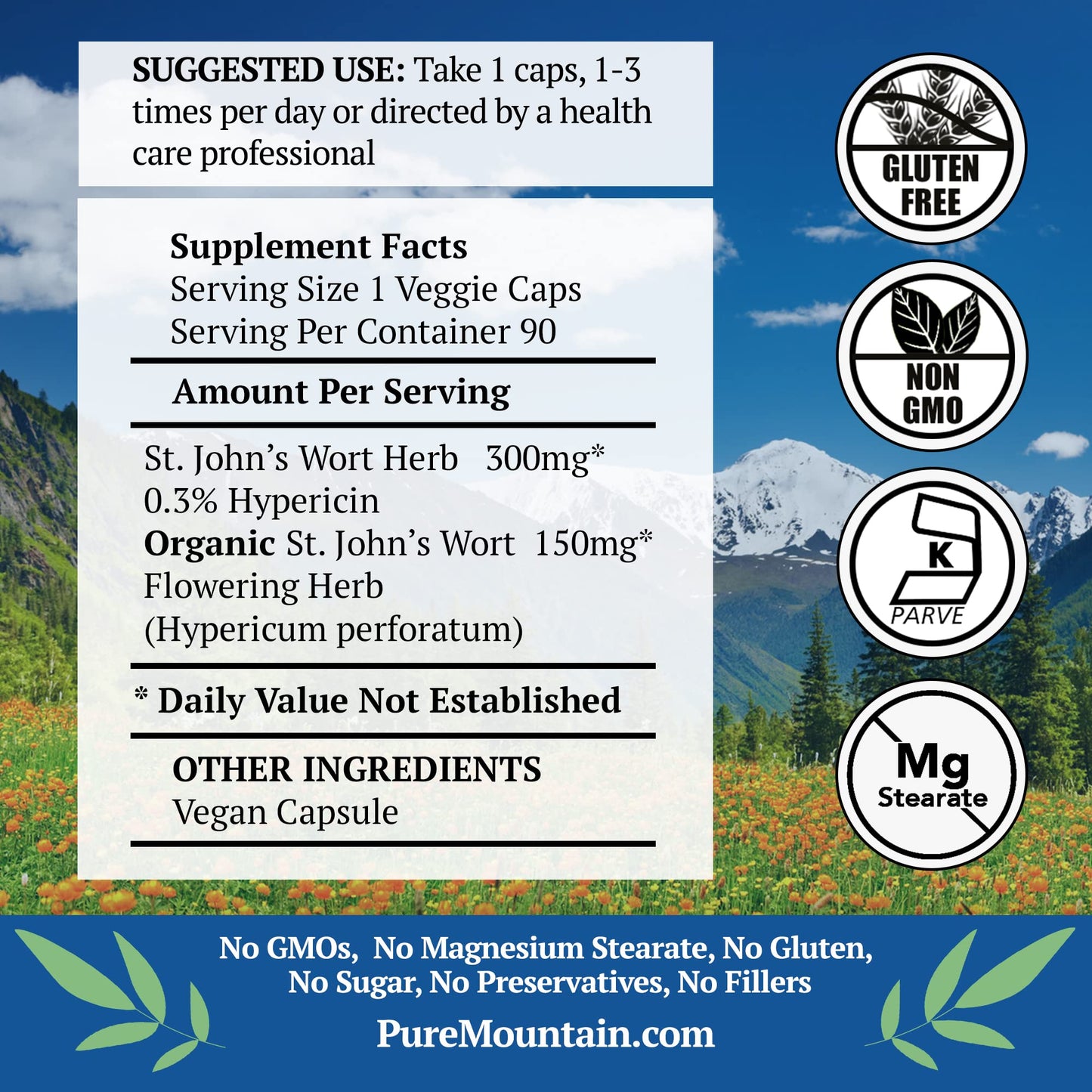 Pure Mountain Botanicals St. John's Wort Capsules 450mg Organic Herb and Extract Standardized to 3% Hypericin 90 Count