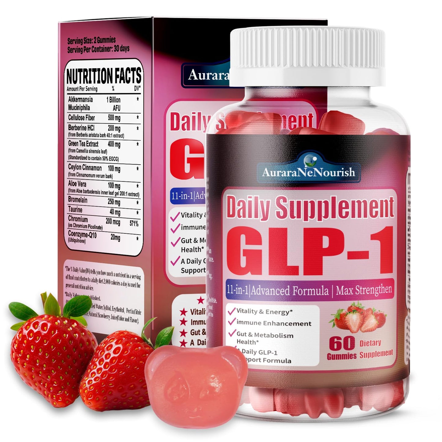 AuraraNeNourish GLP-1 Sugar Free Probiotic Gummy Supplement with Akkermansia Muciniphila, Berberine & Ceylon Cinnamon, 60 Gummies