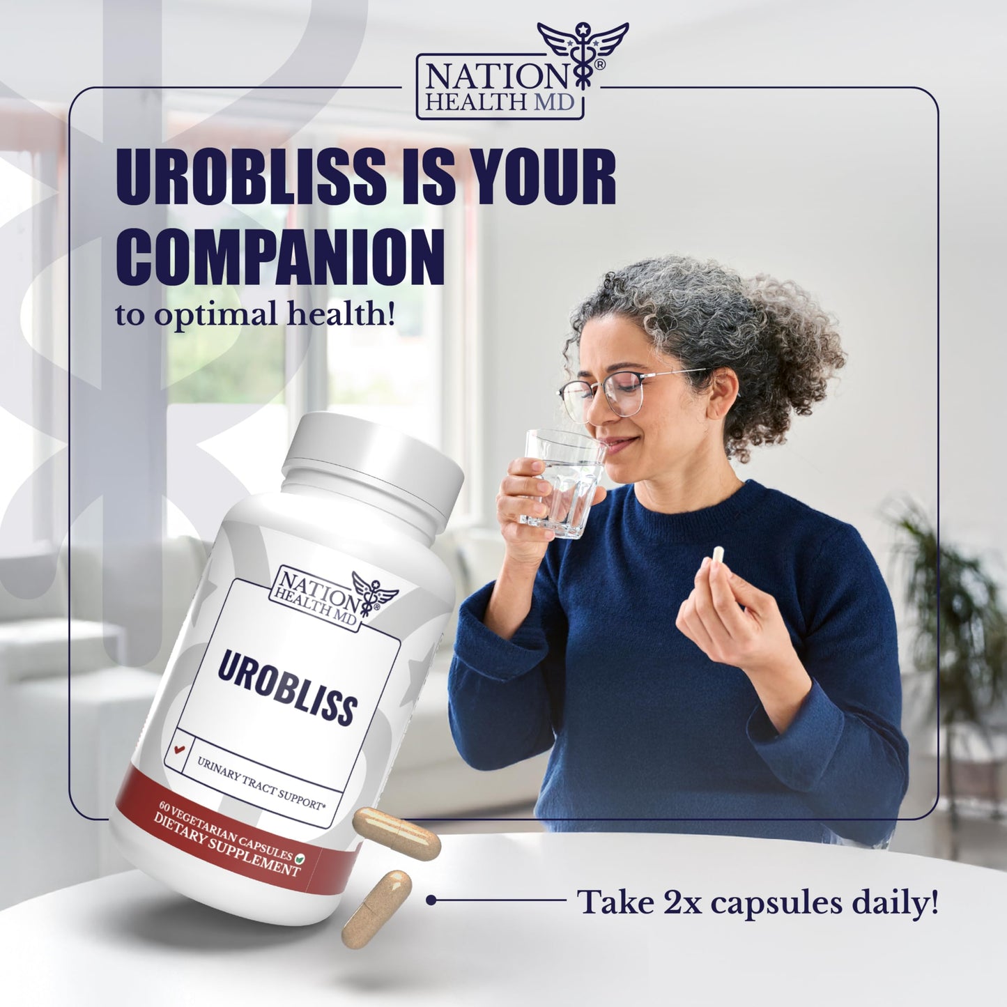 NATION HEALTH MD UroBliss UTI Supplements - D Mannose with Cranberry Extract, Propolis & Vitamin D3 - UTI Relief, Bladder Support & Urinary Tract Health for Women, 60 Capsules